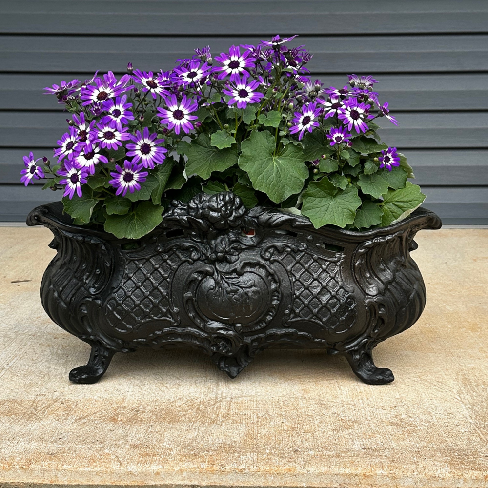 cast aluminum planter with flowers outdoor garden decor ornate metal planter