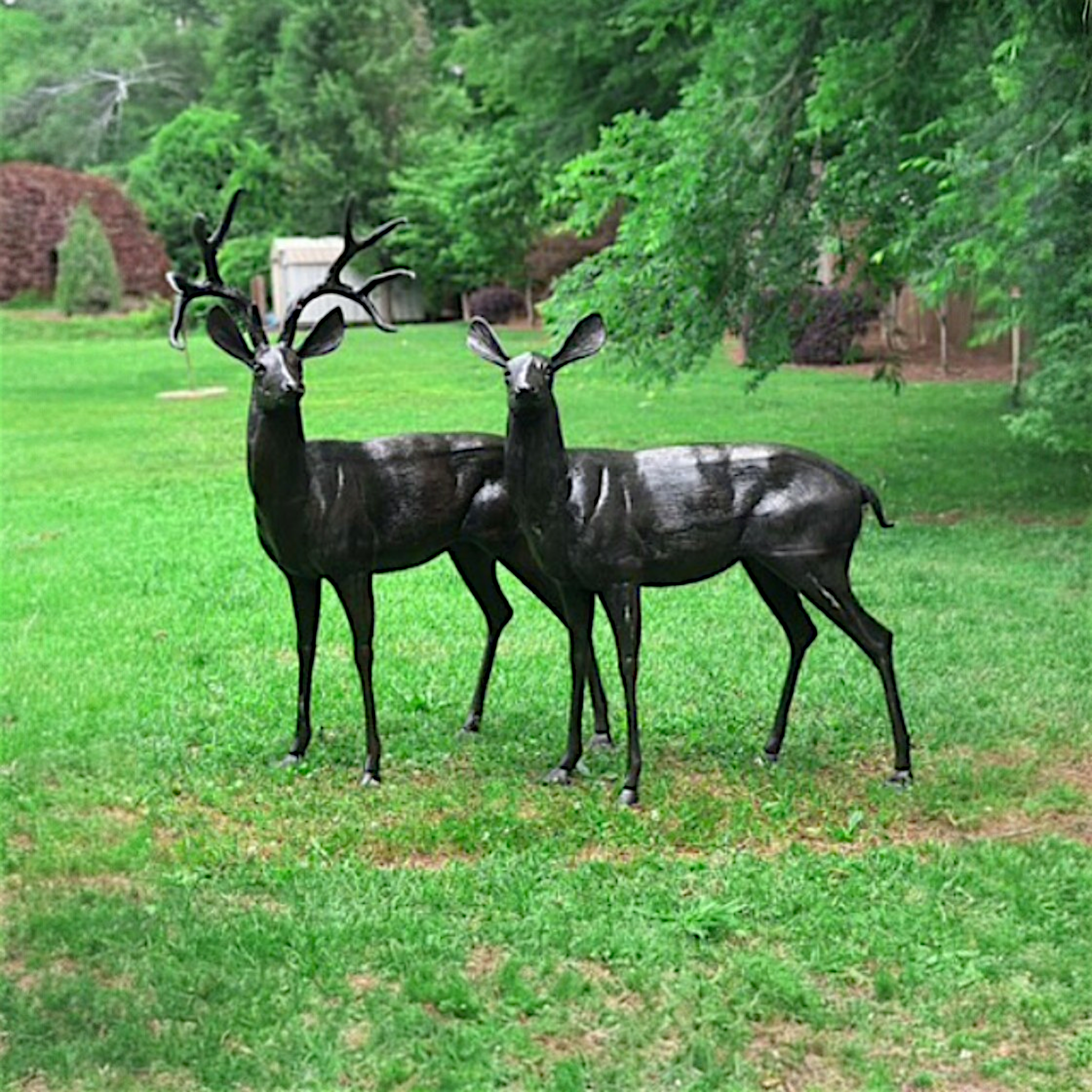 Hand Painted Cast Aluminum Deer Pair, Life-Size Buck and Doe Sculptures, Outdoor Garden Statues, Wildlife Lodge Decor