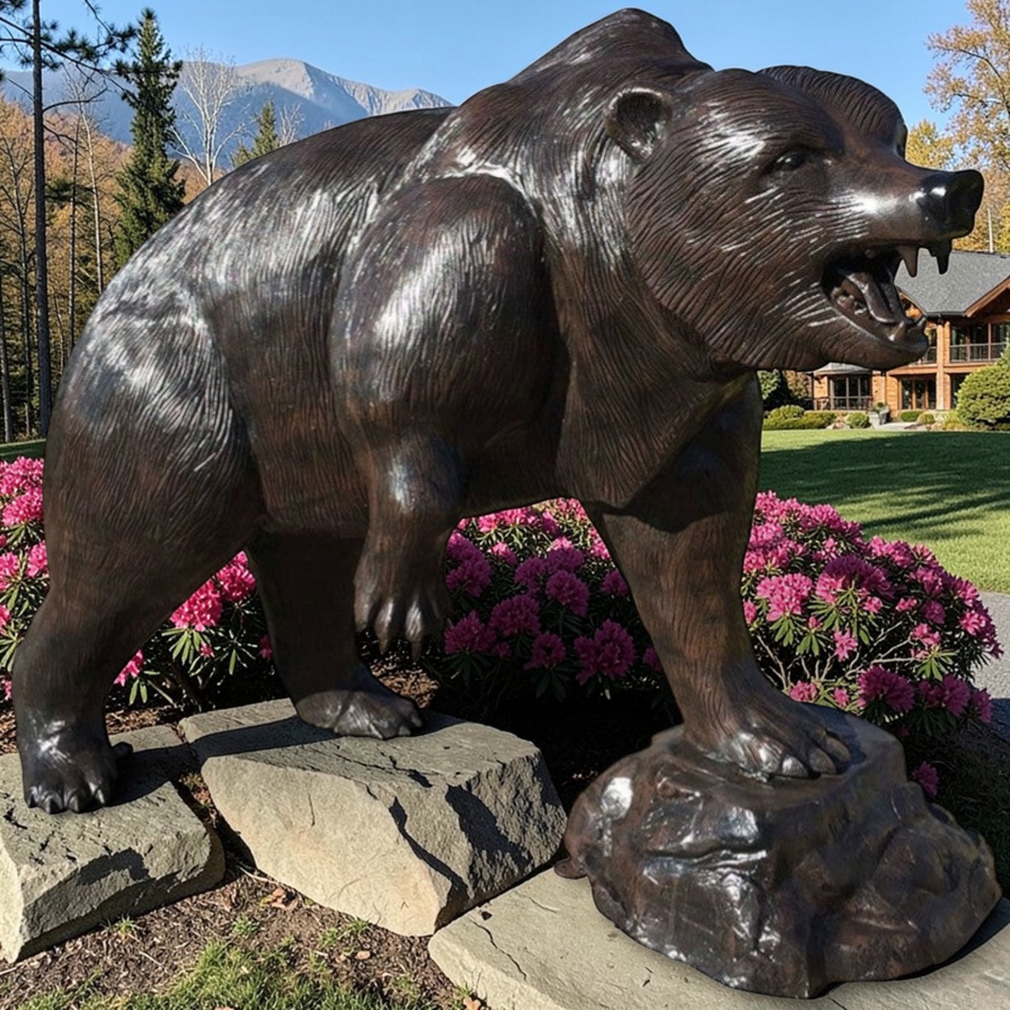 Large grizzly bear sculpture standing on rock outdoor cast aluminum statue with mountain background