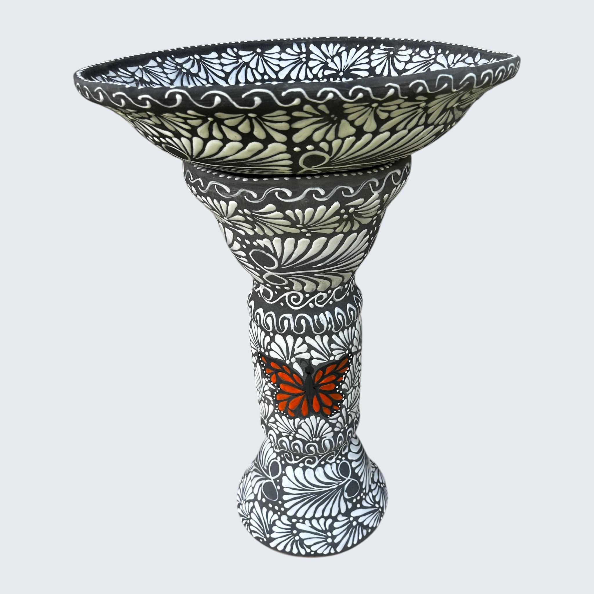 Talavera Bird Bath – Hand Painted Black & White Butterfly Garden Accent