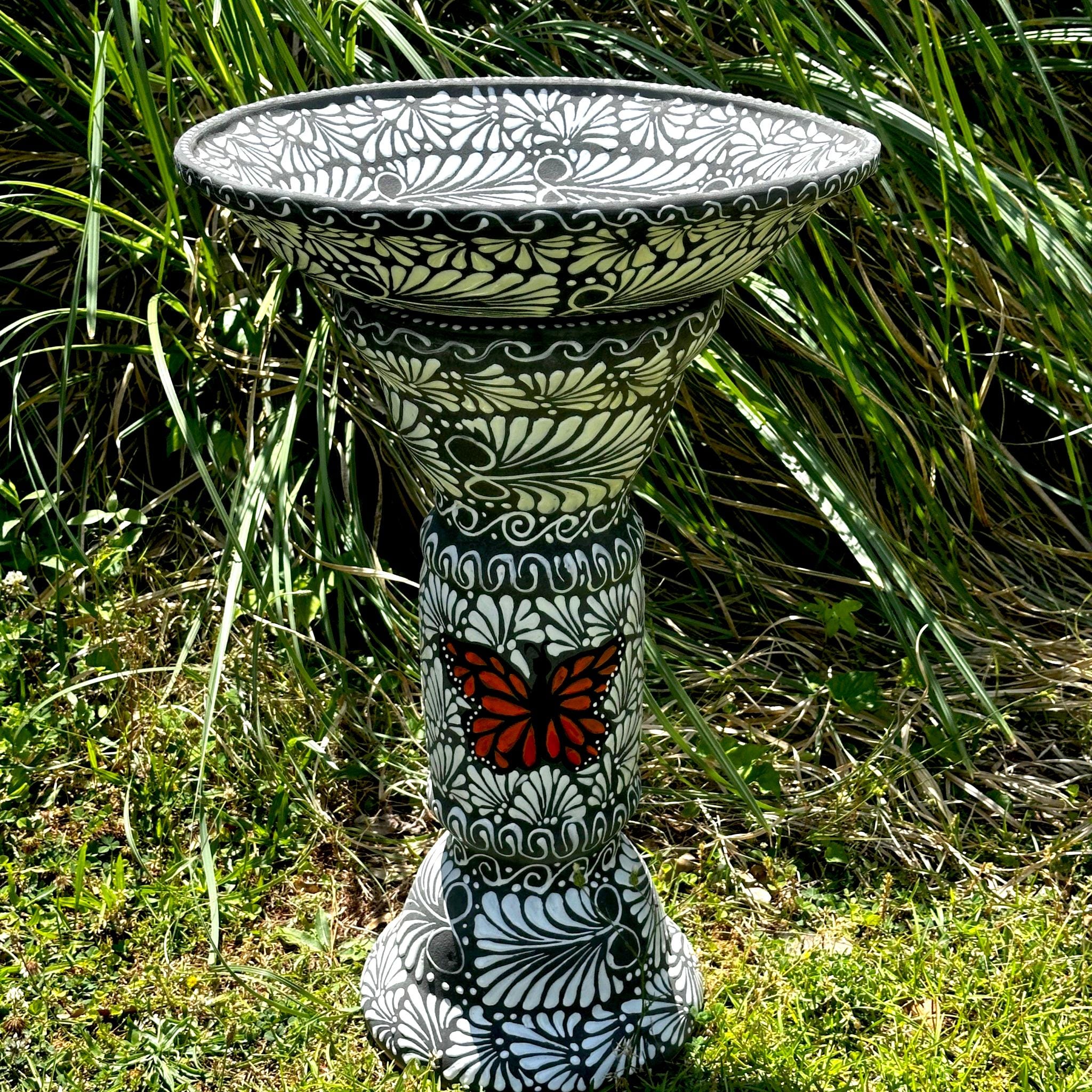 Talavera Bird Bath – Hand Painted Black & White Butterfly Garden Accent