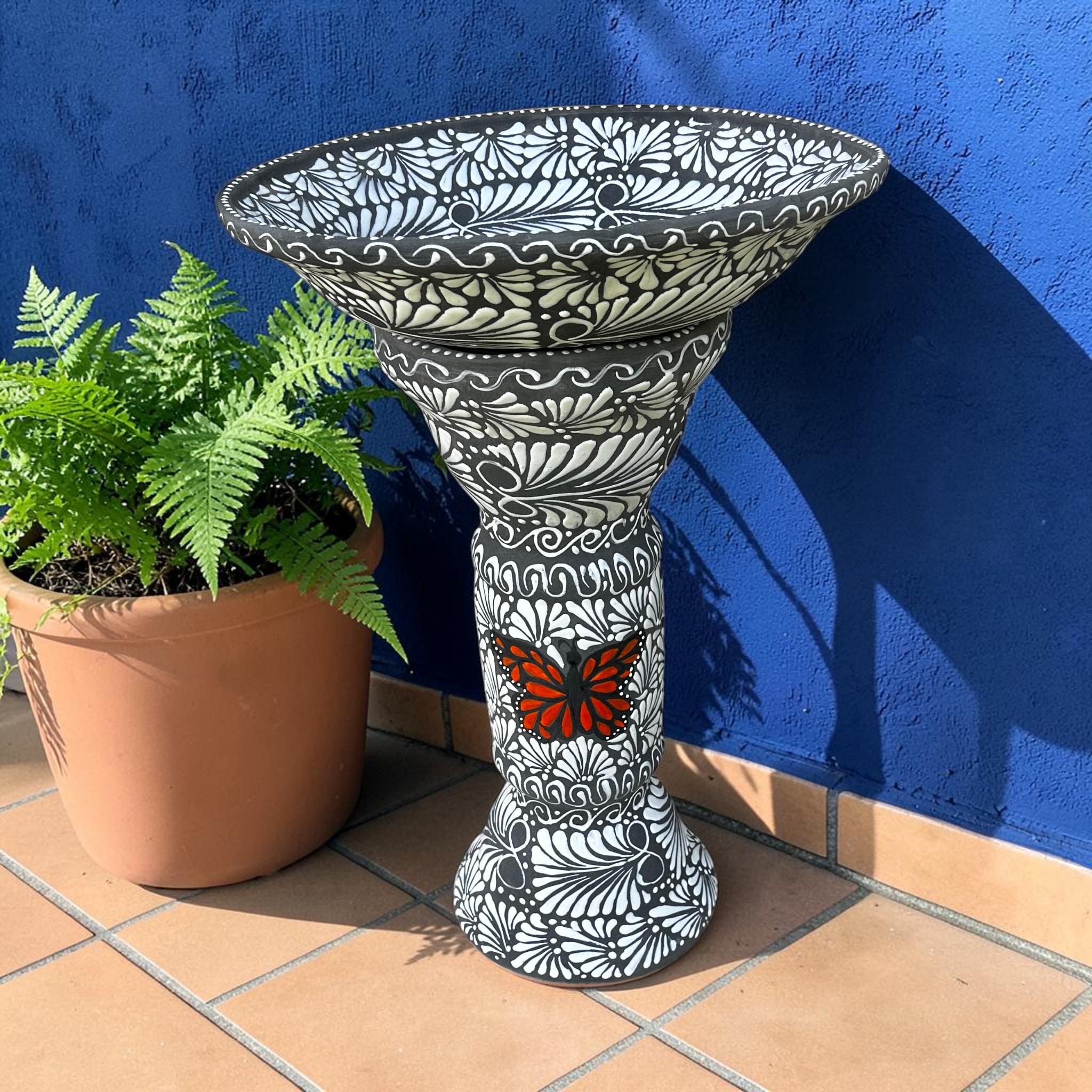 Talavera Bird Bath – Hand Painted Black & White Butterfly Garden Accent