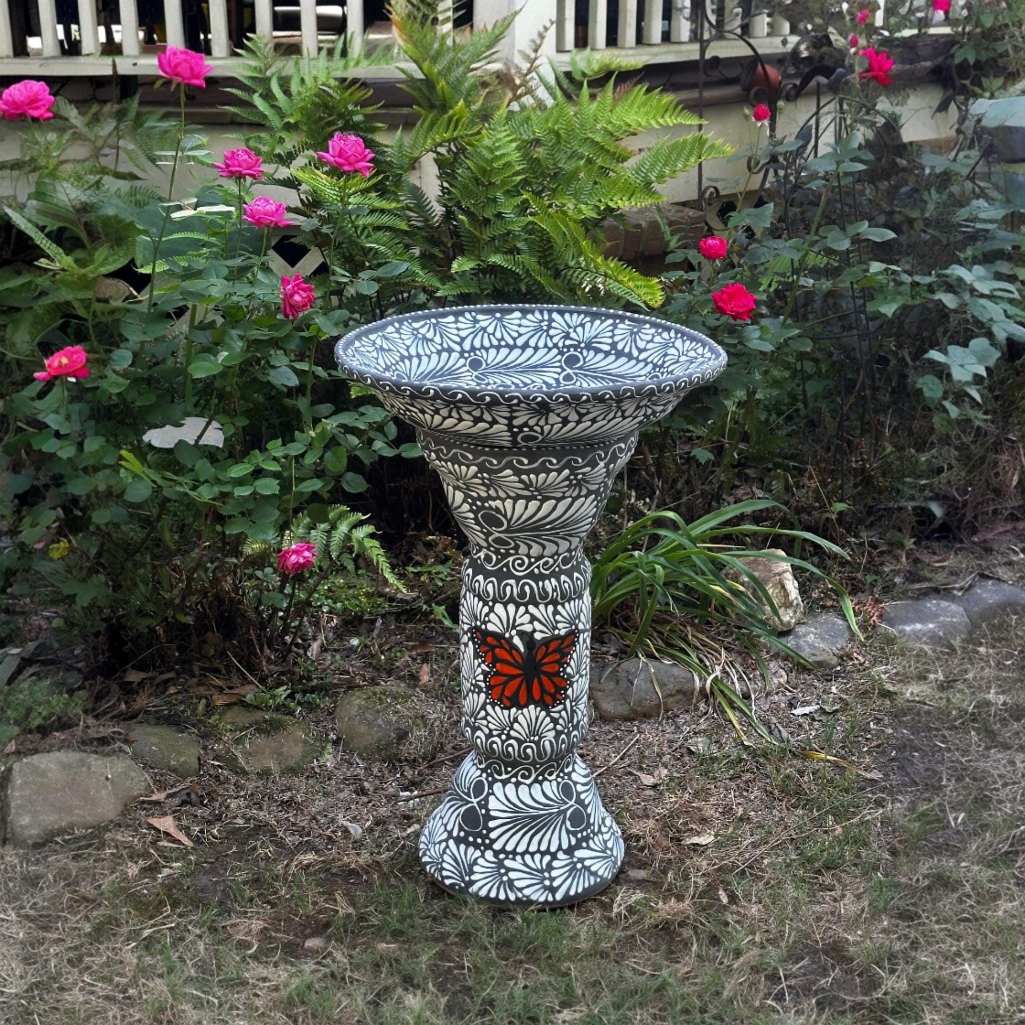 Talavera Bird Bath – Hand Painted Black & White Butterfly Garden Accent