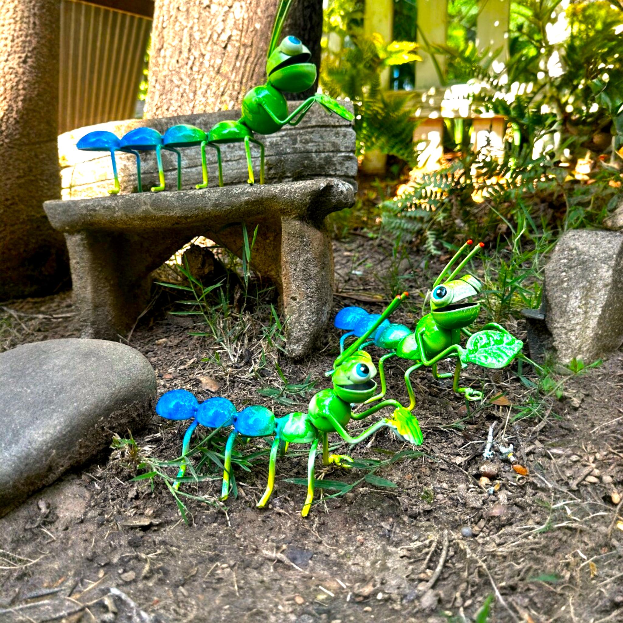 Set of 3 Hand-Painted Metal Caterpillar Garden Sculptures, Mexican Folk Art Yard Decor
