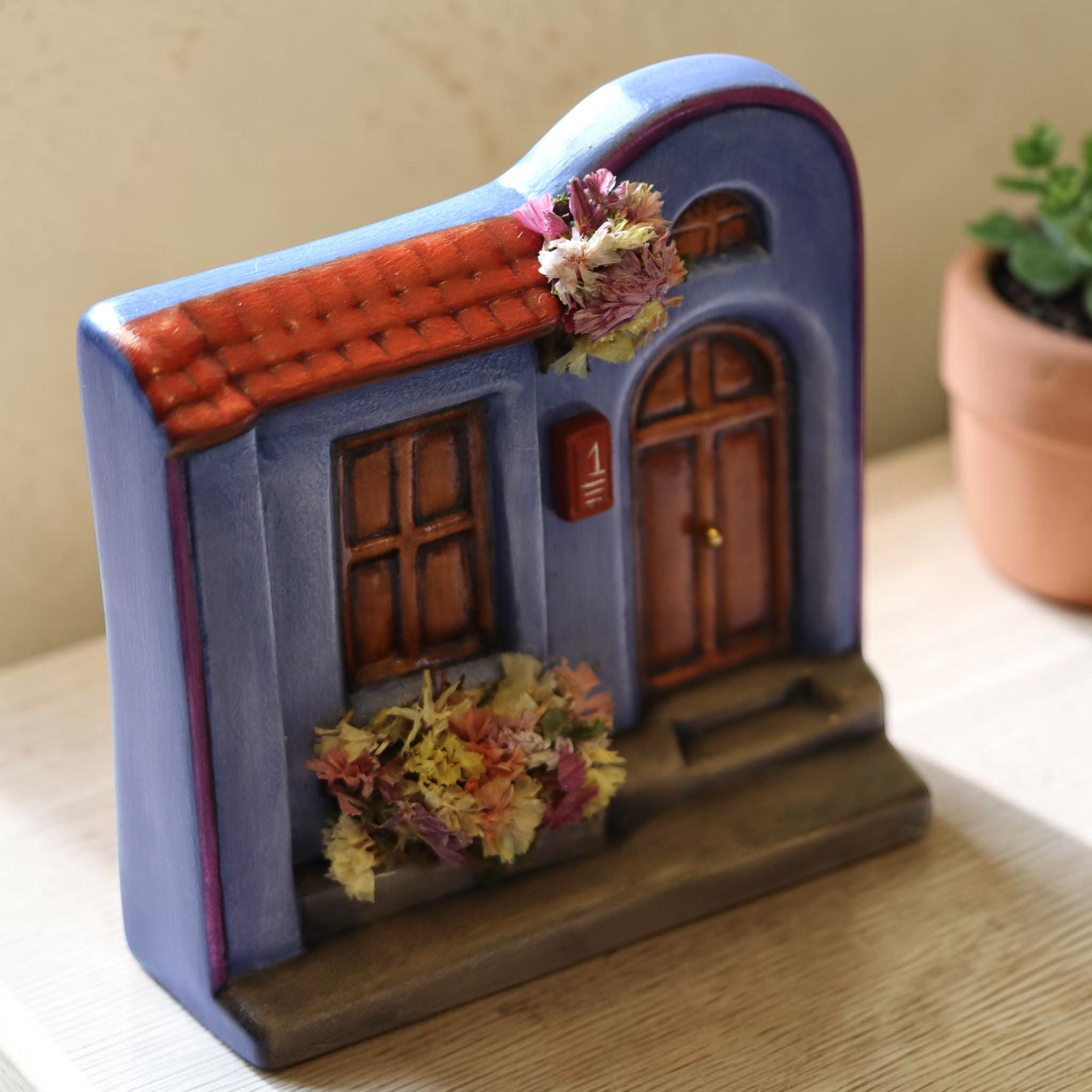 Miniature Ceramic Cottage House — Fairy Garden Decor, Hand-Painted Mexican Folk Art, Dollhouse Garden Accessory