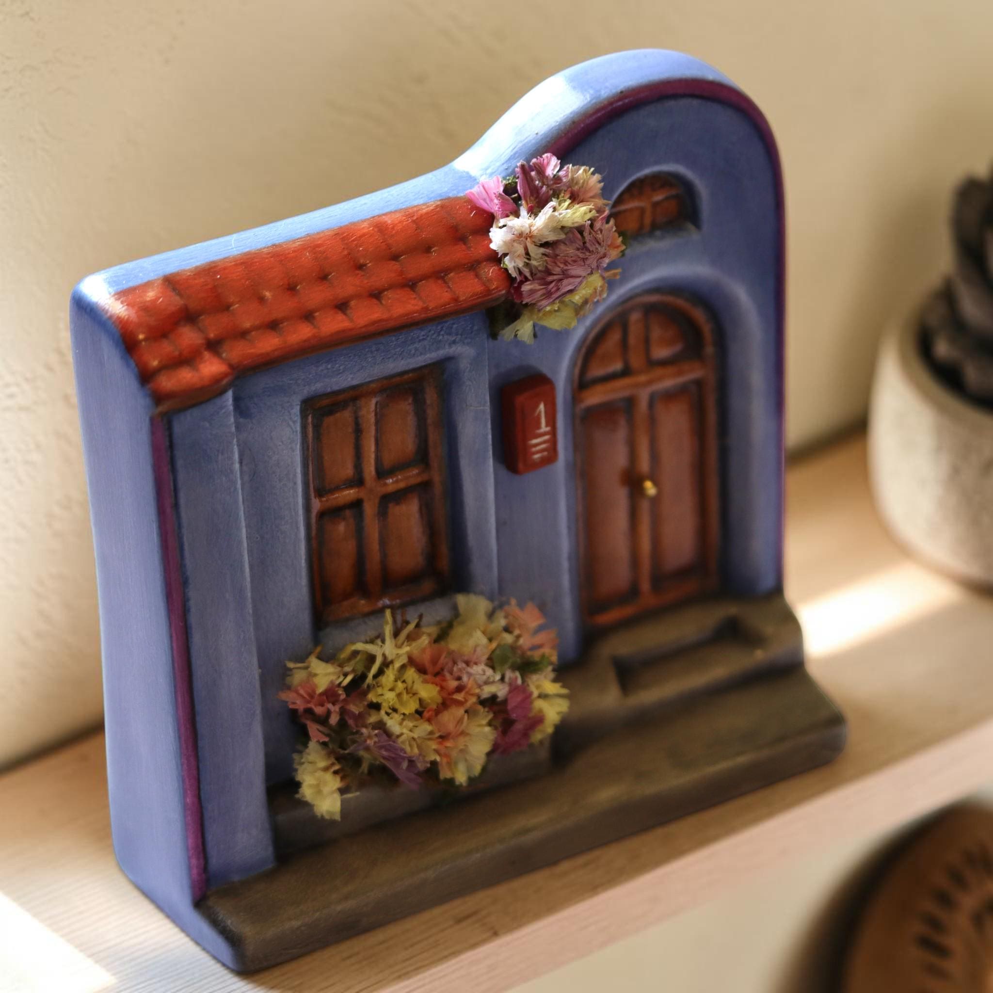 Miniature Ceramic Cottage House — Fairy Garden Decor, Hand-Painted Mexican Folk Art, Dollhouse Garden Accessory