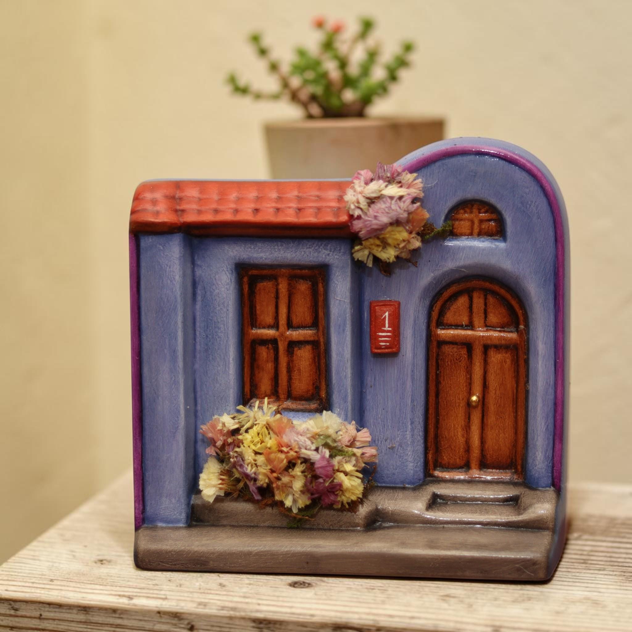 Miniature Ceramic Cottage House — Fairy Garden Decor, Hand-Painted Mexican Folk Art, Dollhouse Garden Accessory