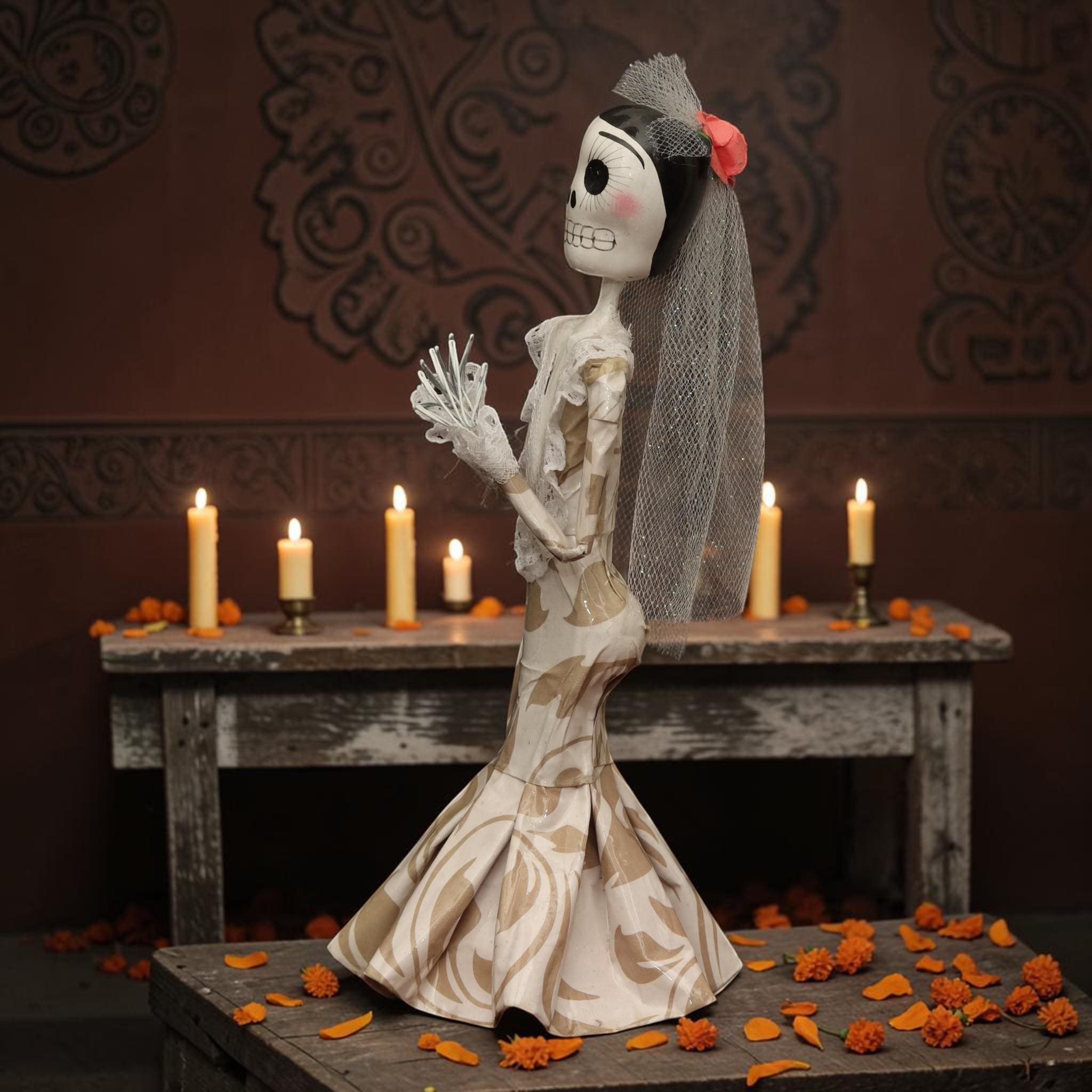 Catrina Bride Figurine — Day of the Dead Mexican Folk Art, Paper Mache Catrina Novia, Dia de los Muertos Wedding Decor, Hand Painted