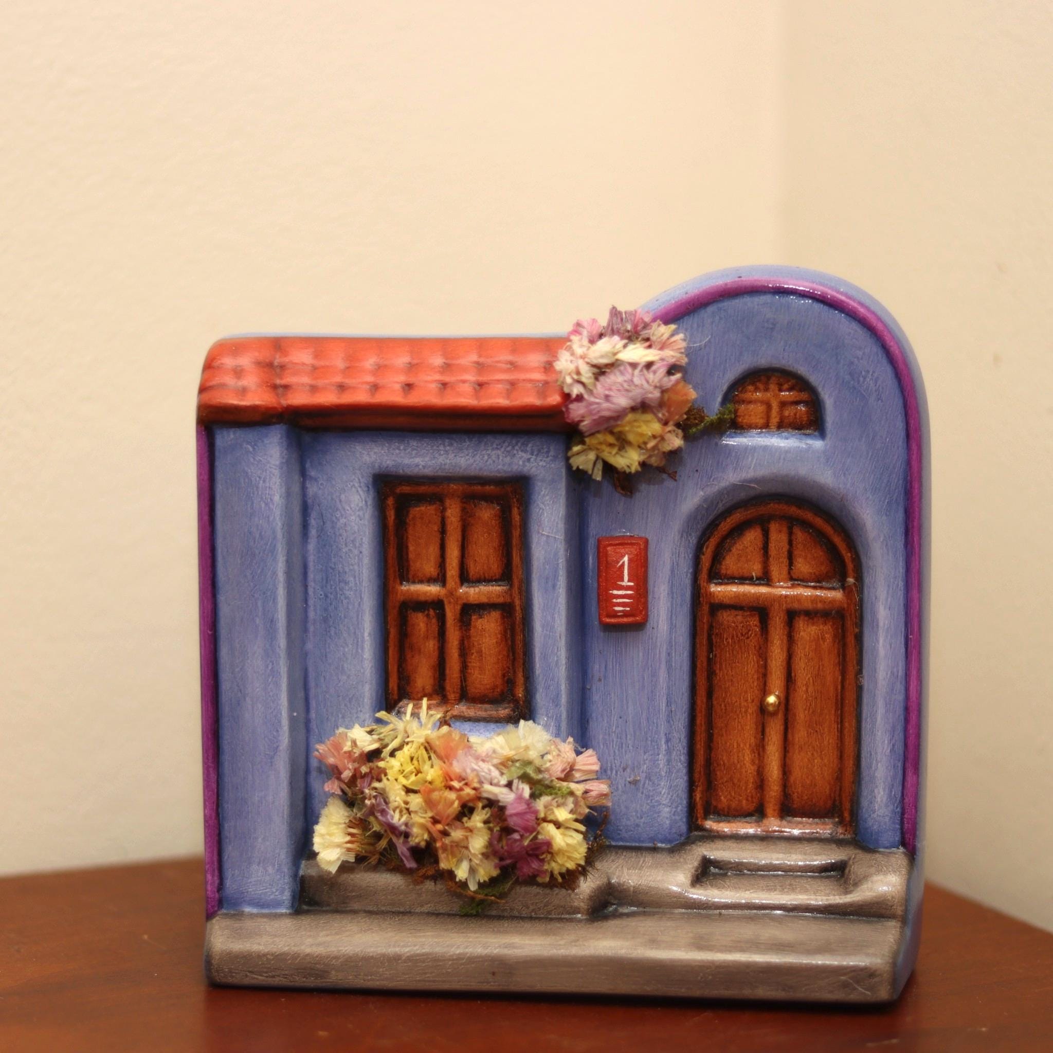 Miniature Ceramic Cottage House — Fairy Garden Decor, Hand-Painted Mexican Folk Art, Dollhouse Garden Accessory
