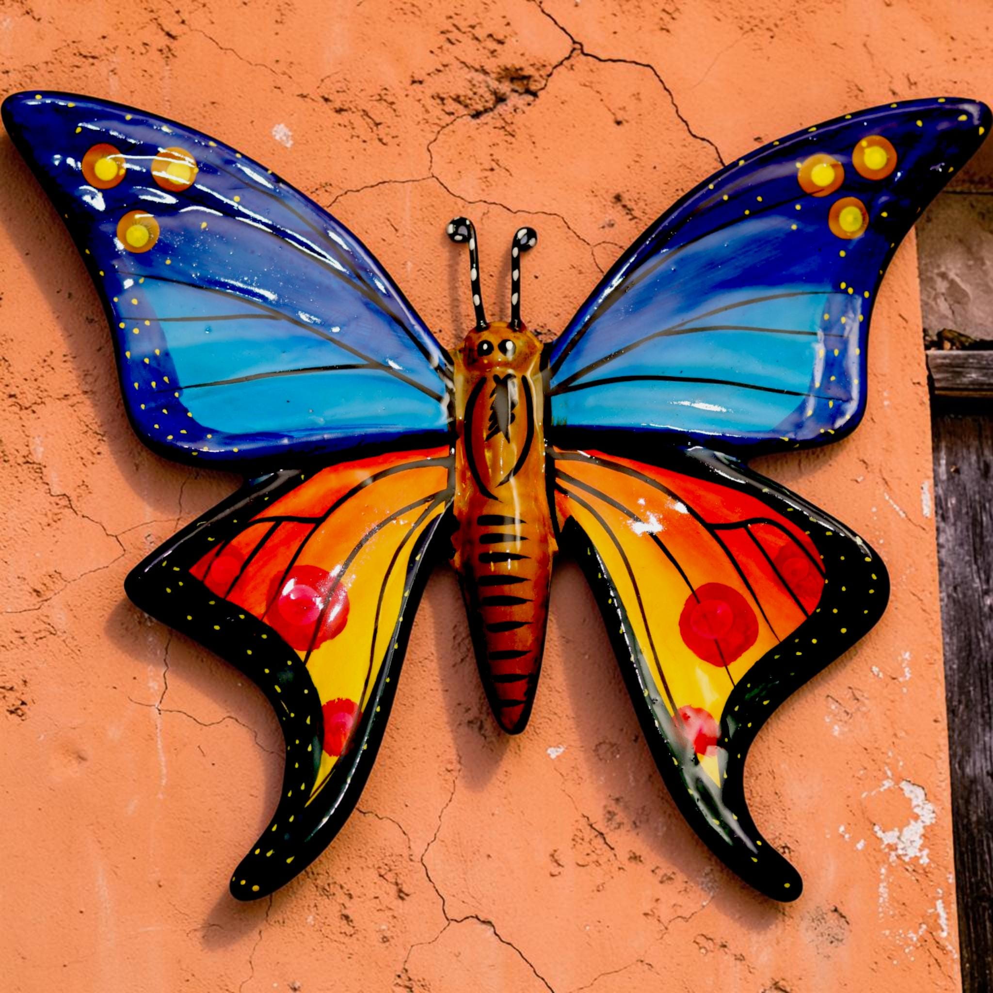 Butterfly Wall Decor | Ceramic Blue Orange Hand-painted | Colorful Butterfly Wall Hanging | Garden & Patio Decoration