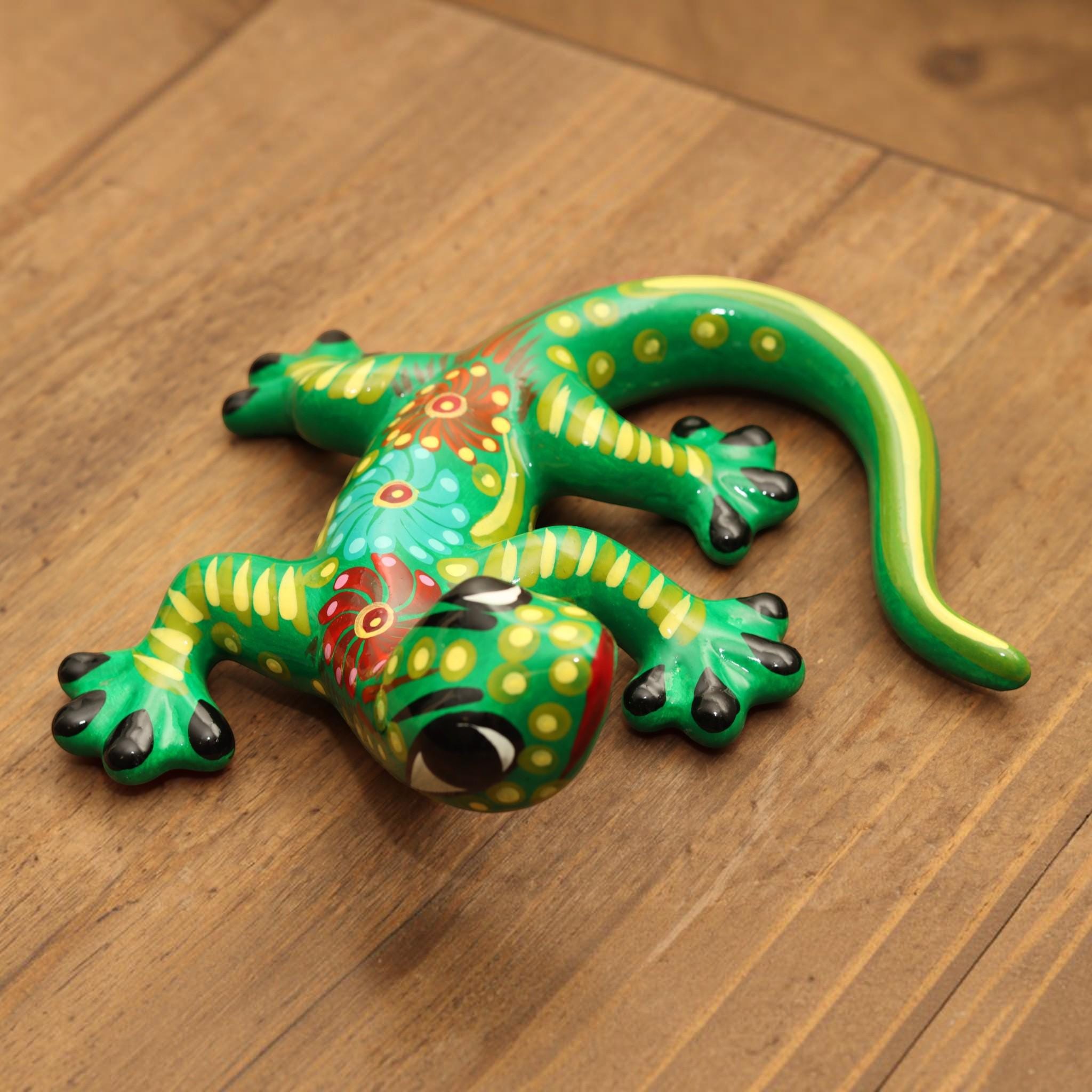 Salamander Glossy Green Figurine | Fun Mexican Folk Art Lizard | Quirky Hand painted Reptile Decor