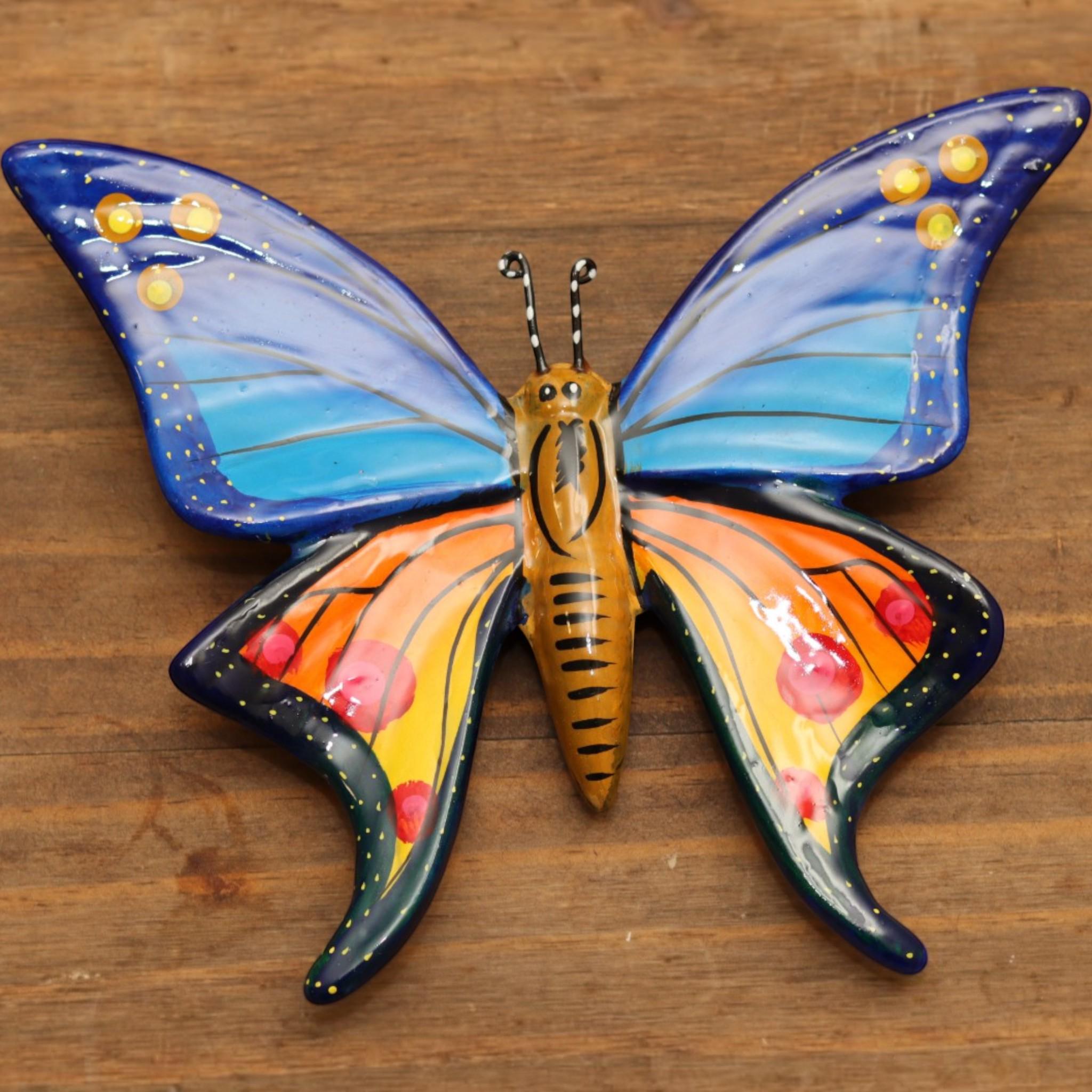 Butterfly Wall Decor | Ceramic Blue Orange Hand-painted | Colorful Butterfly Wall Hanging | Garden & Patio Decoration