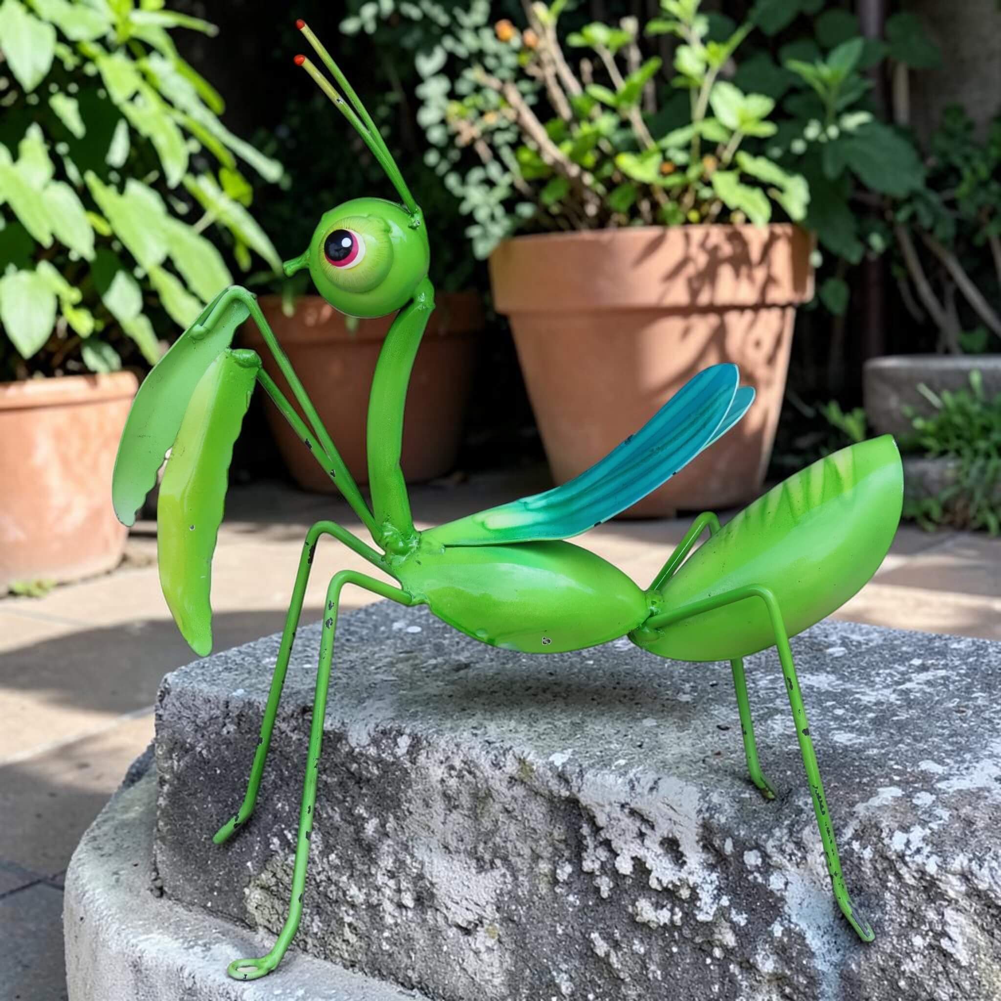 Hand-painted metal praying mantis sculpture with teal wings displayed on stone surface in garden setting 12.5 inches tall