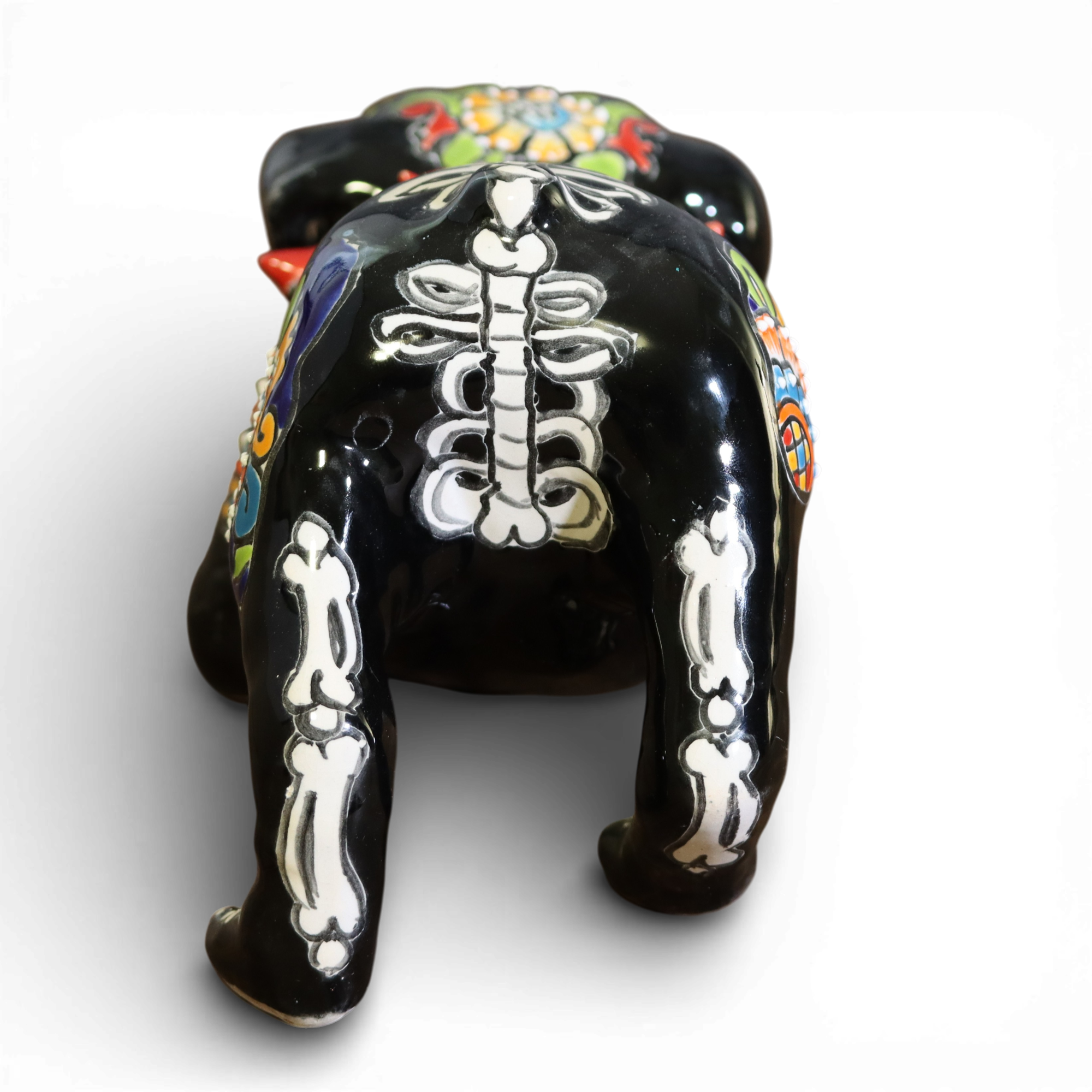 Talavera bulldog Día de los Muertos ceramic figurine back view hand painted Mexican decor