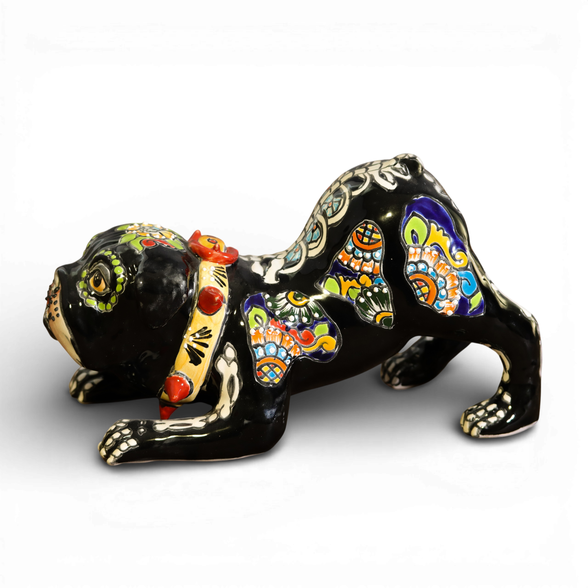 Talavera bulldog Día de los Muertos ceramic figurine side view hand painted Mexican decor