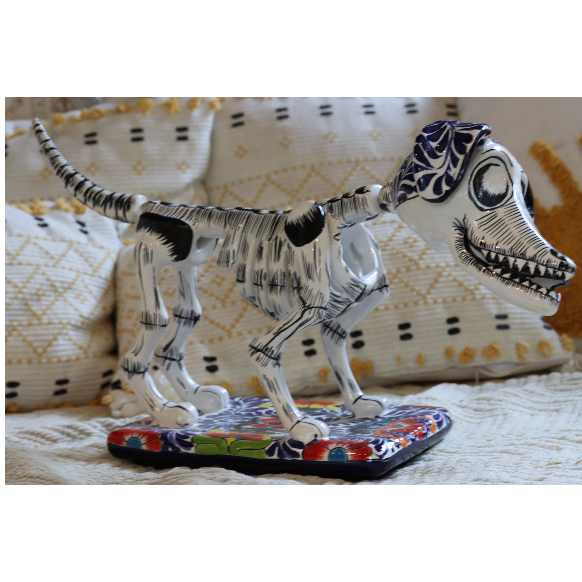 Talavera dachshund Día de los Muertos ceramic figurine on sofa hand painted Mexican decor