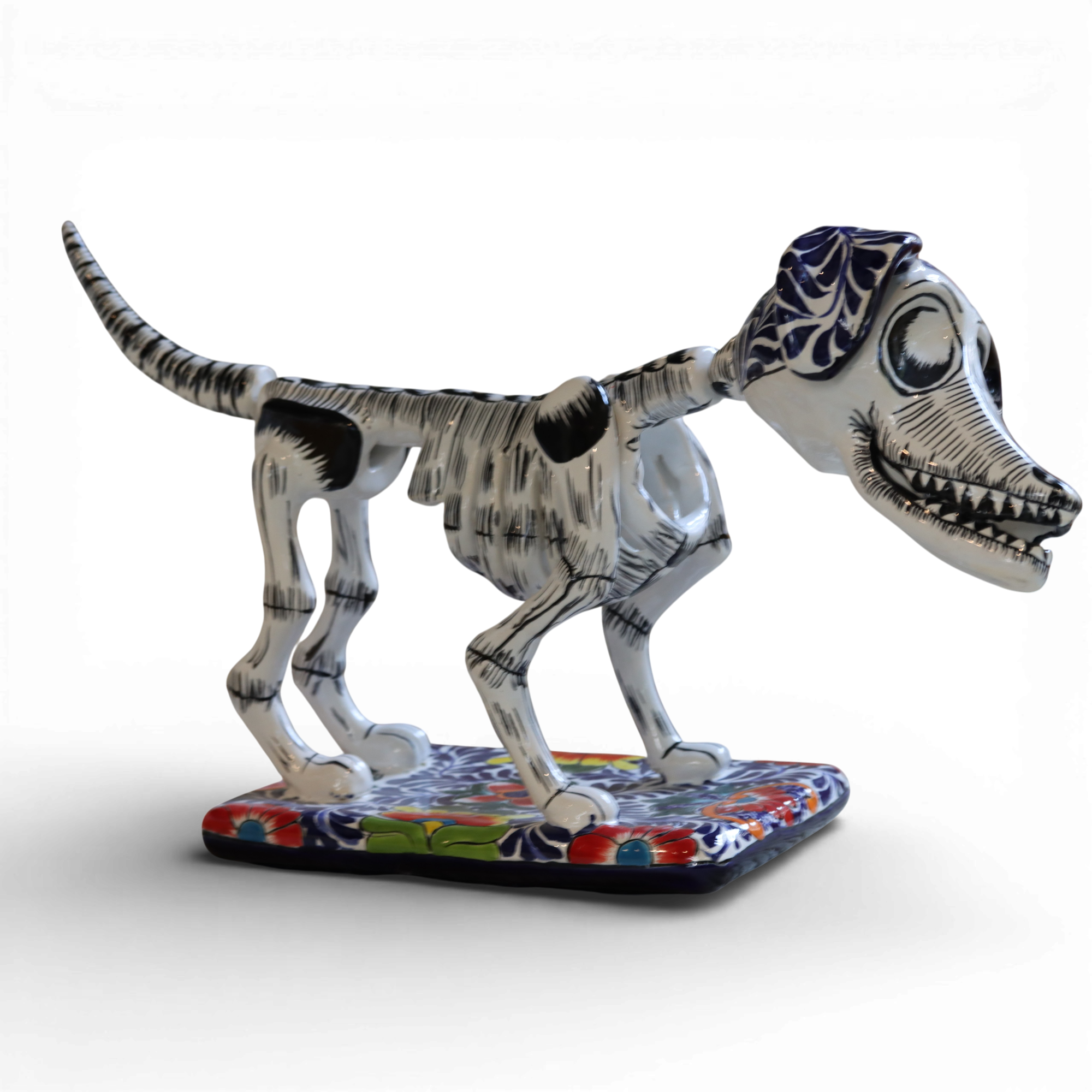 Talavera dachshund Día de los Muertos ceramic figurine side view hand painted Mexican decor