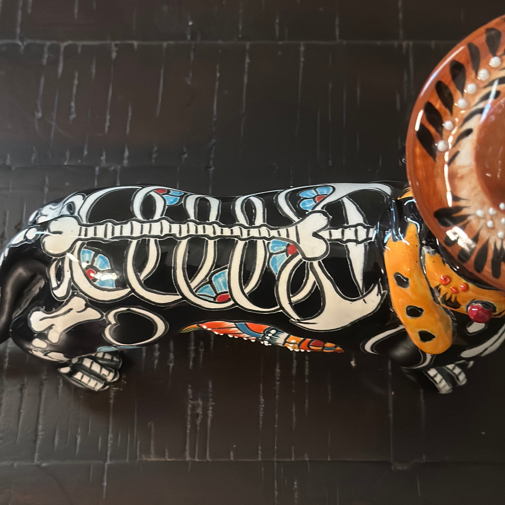 Talavera dachshund figurine skeleton detail hand painted Mexican ceramic Day of the Dead design