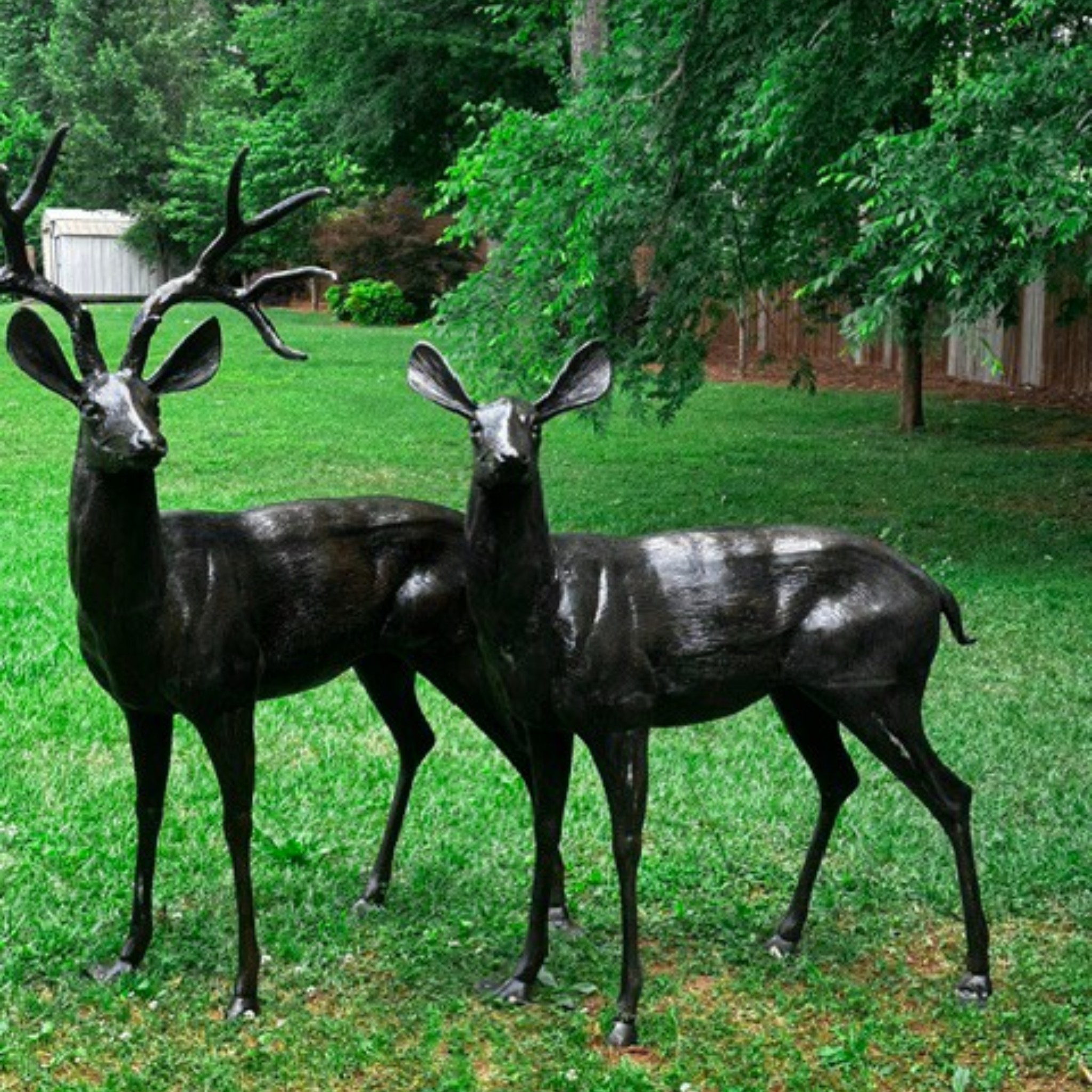 Hand Painted Cast Aluminum Deer Pair, Life-Size Buck and Doe Sculptures, Outdoor Garden Statues, Wildlife Lodge Decor