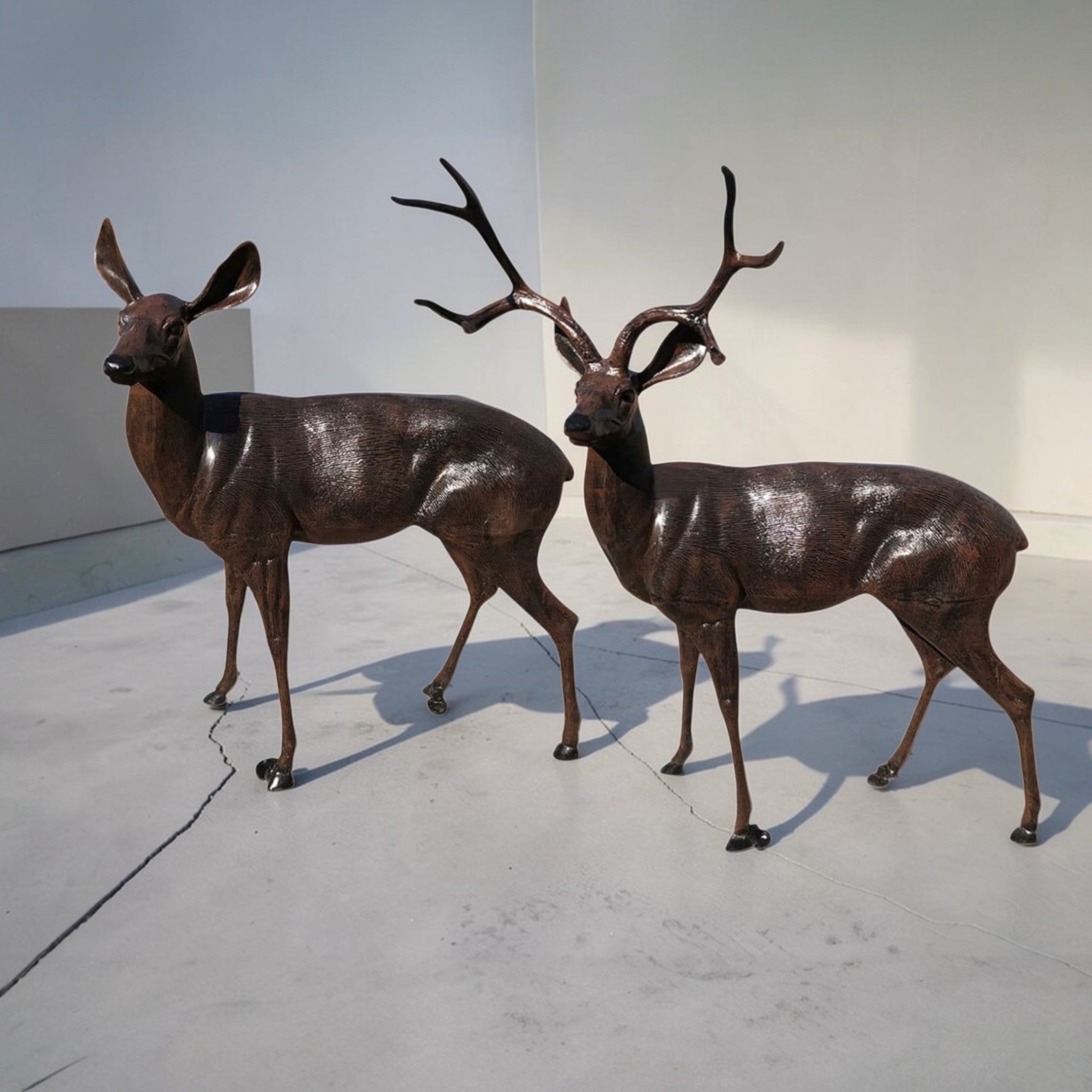 Hand Painted Cast Aluminum Deer Pair, Life-Size Buck and Doe Sculptures, Outdoor Garden Statues, Wildlife Lodge Decor