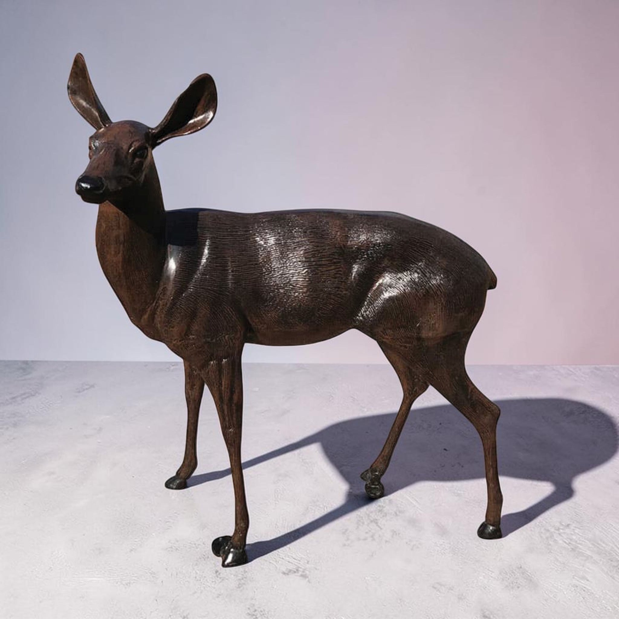 Hand Painted Cast Aluminum Deer Pair, Life-Size Buck and Doe Sculptures, Outdoor Garden Statues, Wildlife Lodge Decor