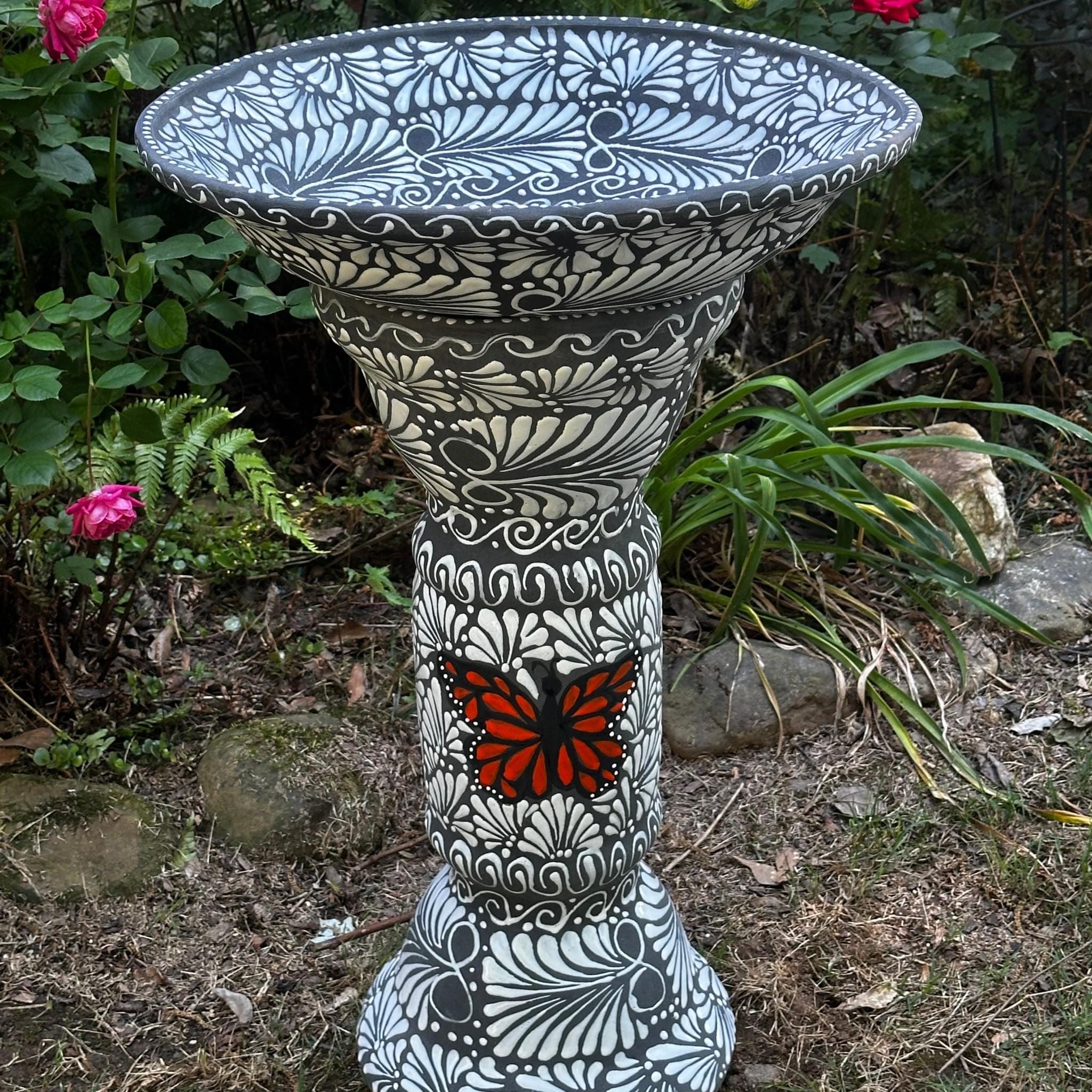 Talavera Bird Bath – Hand Painted Black & White Butterfly Garden Accent
