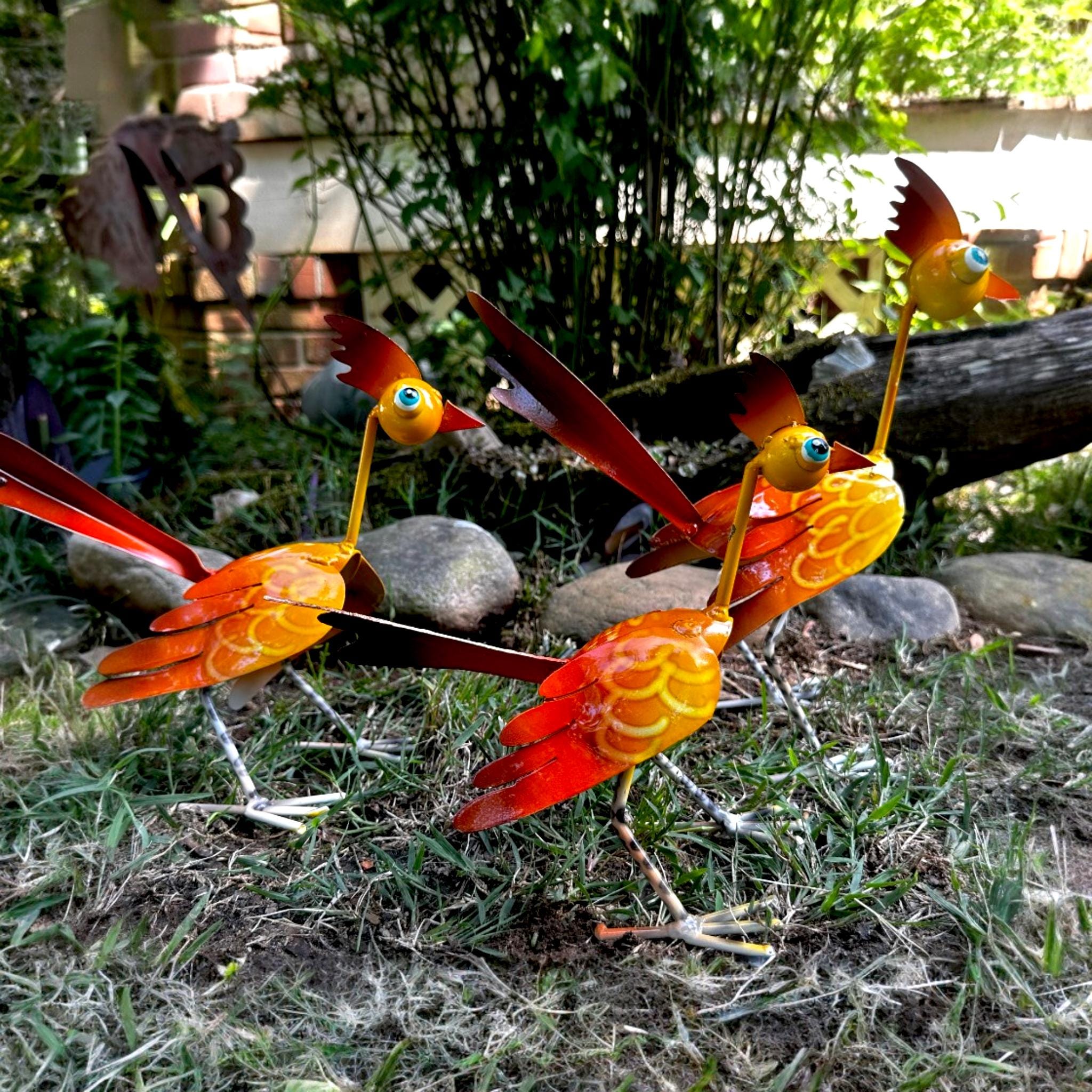 Hand Painted Metal Roadrunners, Whimsical Mexican Folk Art Garden Decor Set