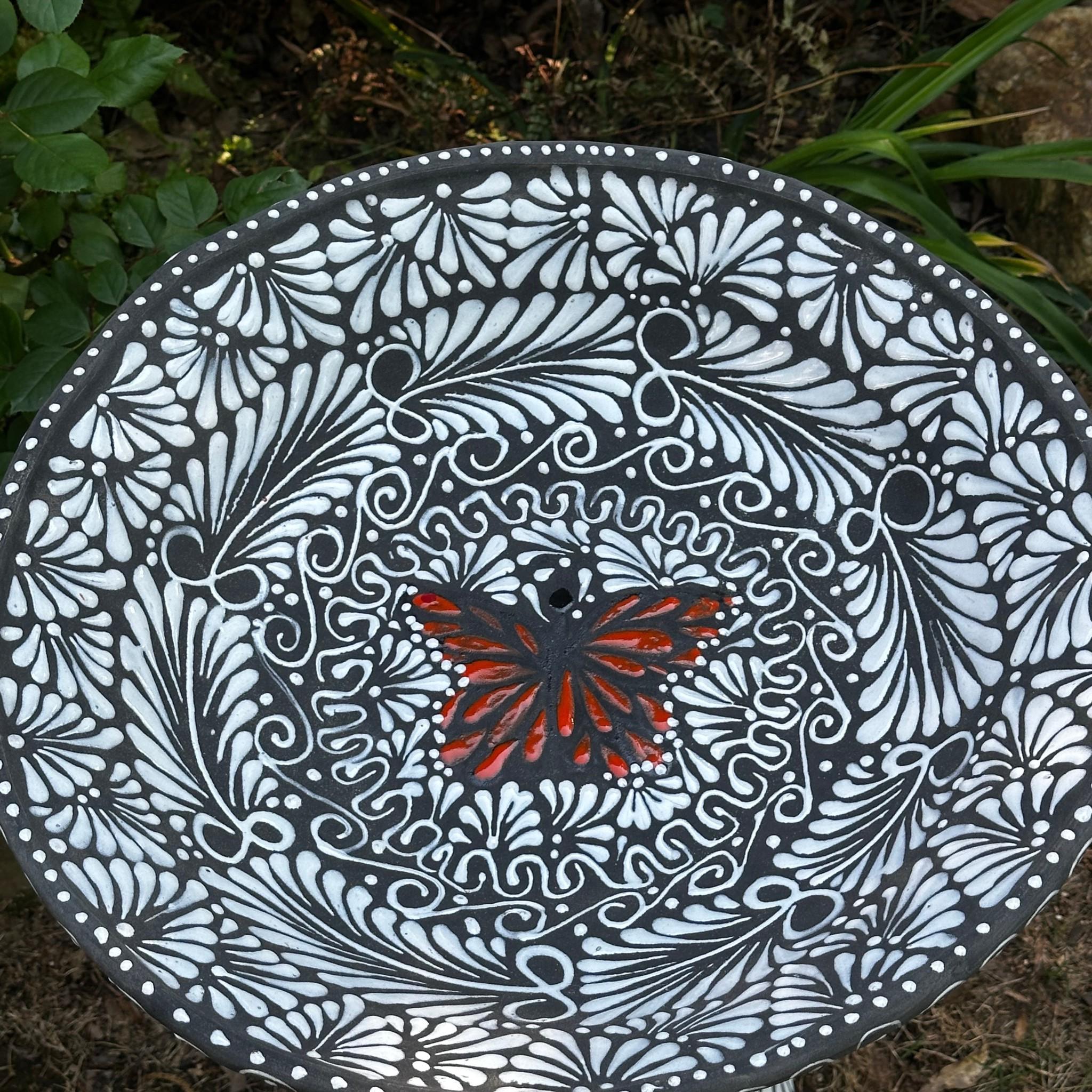 Talavera Birdbath, White with Black Floral and Monarch Butterfly