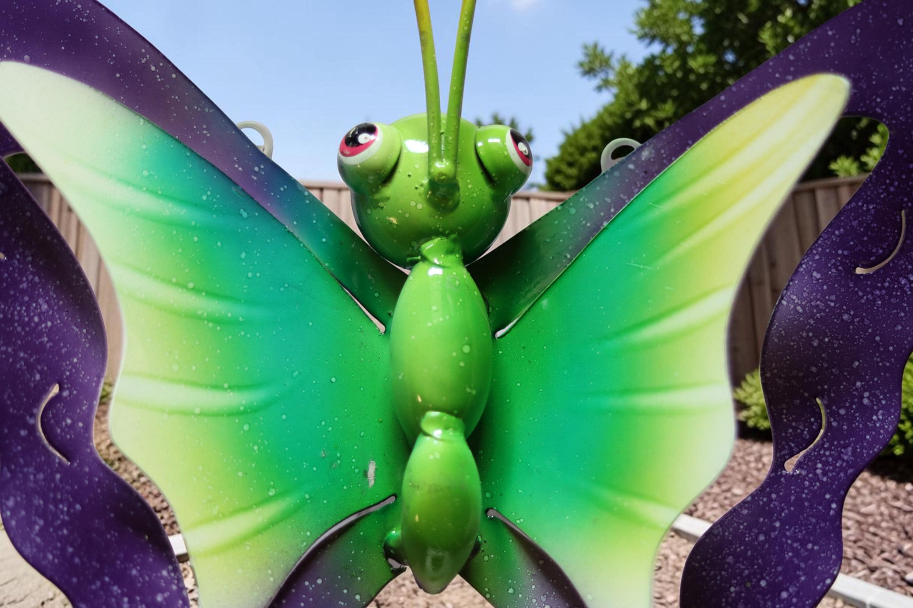 Metal Butterfly | Purple & Green Fantasy  Wall Art | Cast Metal Outdoor Decor