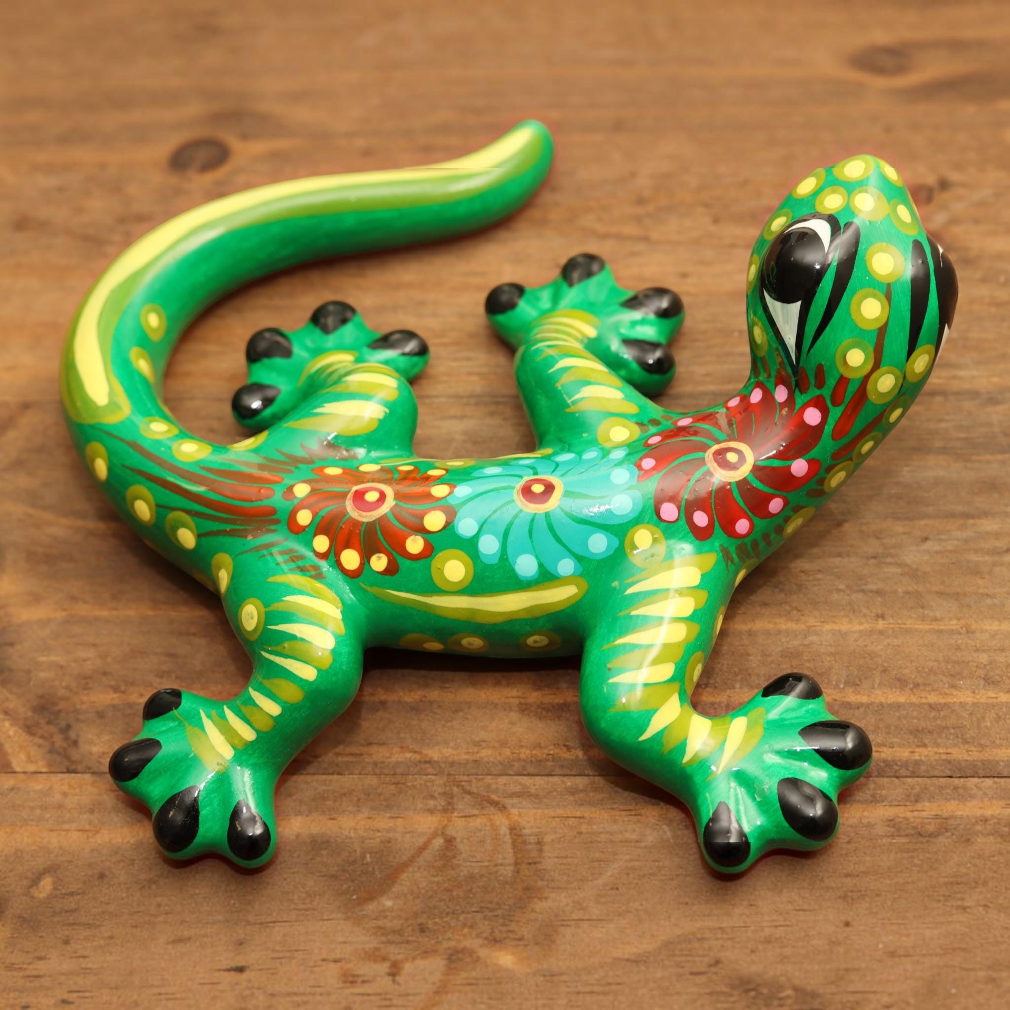 Salamander Glossy Green Figurine | Fun Mexican Folk Art Lizard | Quirky Hand painted Reptile Decor