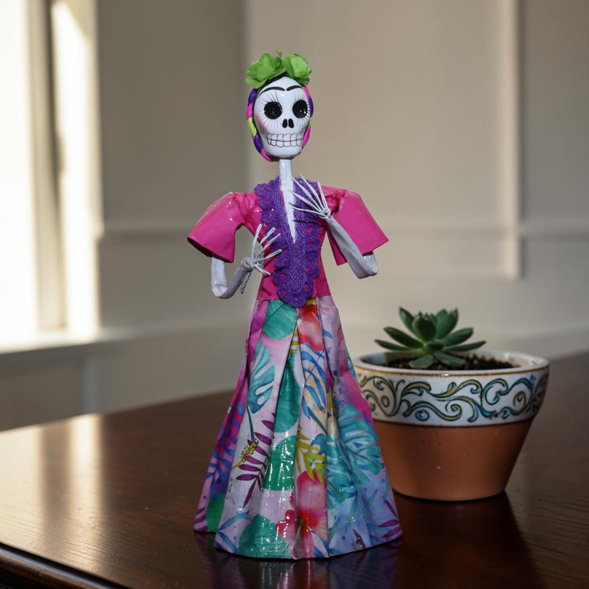 Handcrafted Papier-Mâché Tropical Catrina Figurine | Mexican Folk Art Skeleton | Día de los Muertos Decor