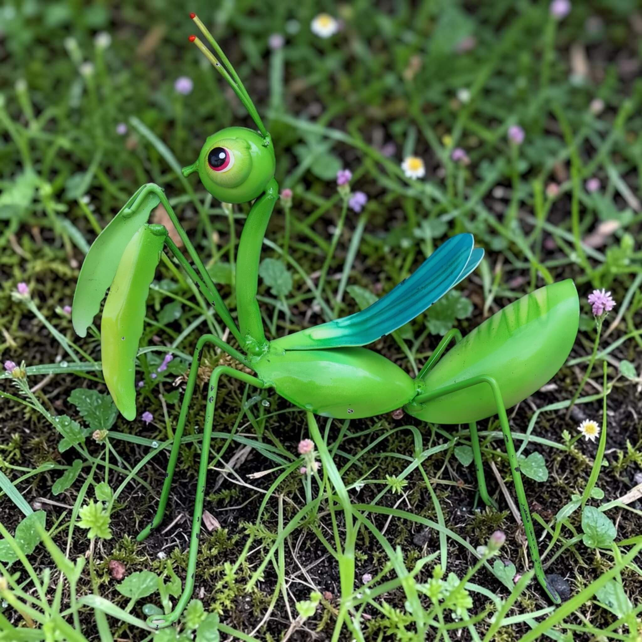 Metal praying mantis garden sculpture standing in grass with wildflowers, side angle view showing teal wing detail