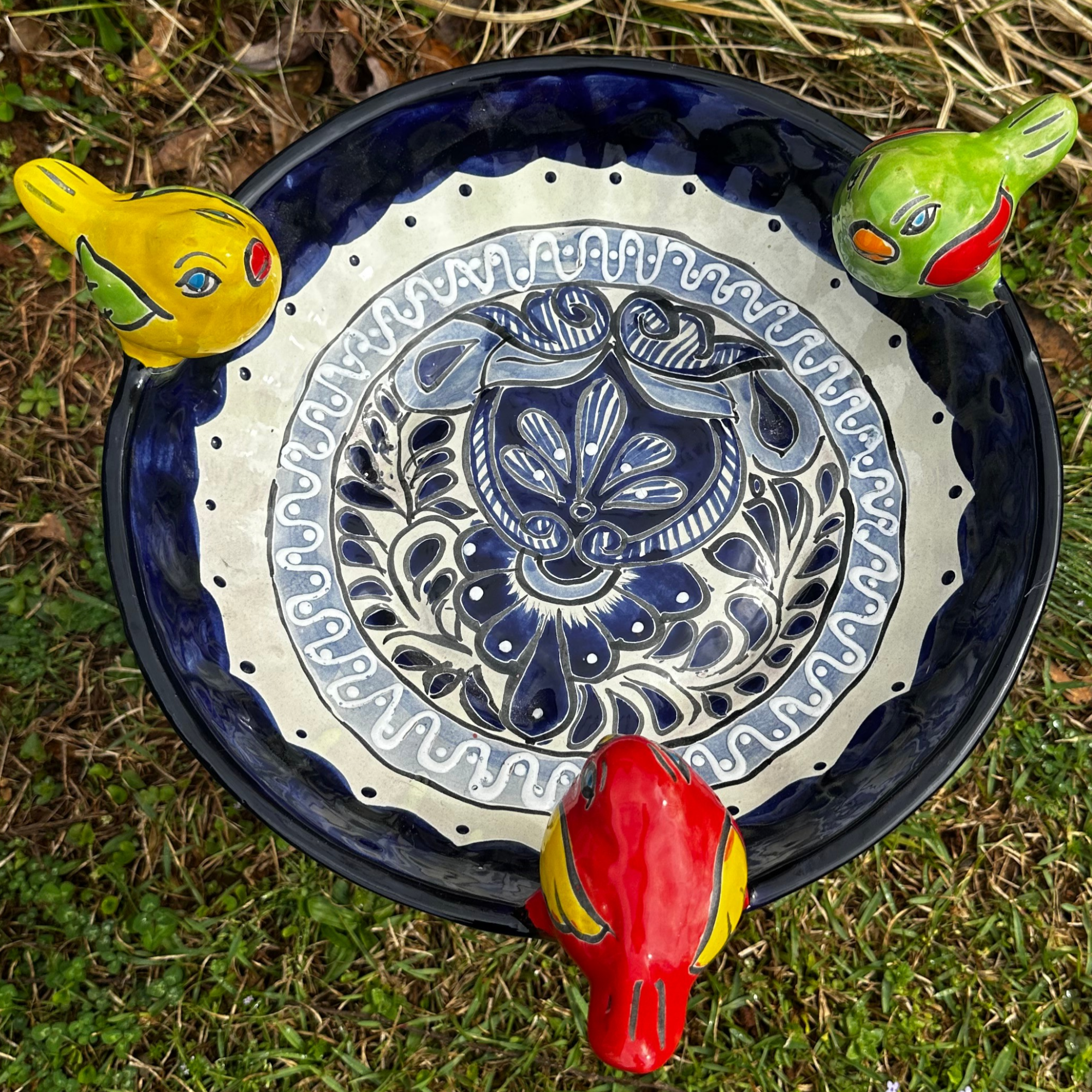 Talavera bird bath top view hand painted Mexican ceramic pattern detail
