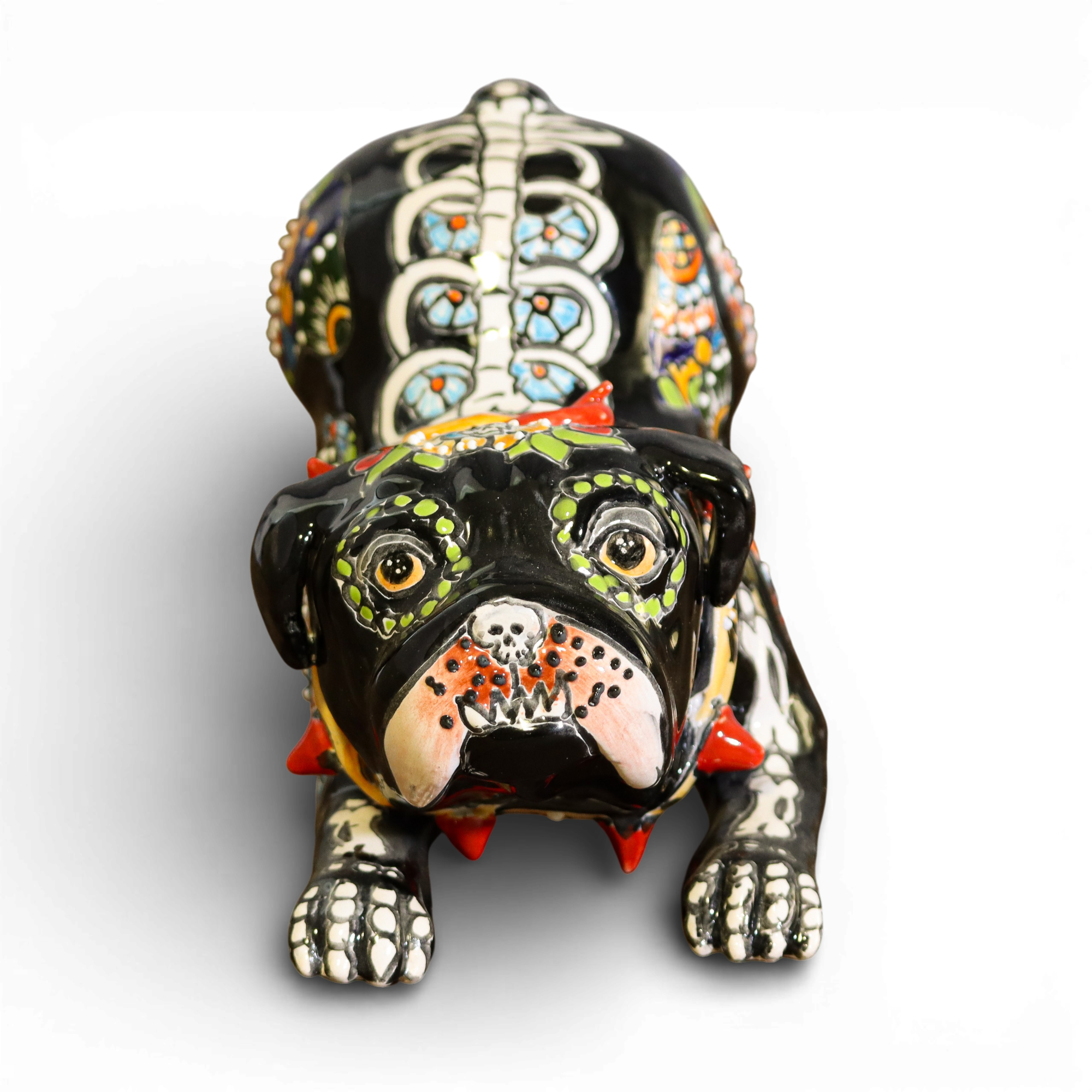 Talavera bulldog Día de los Muertos ceramic figurine front view hand painted Mexican decor