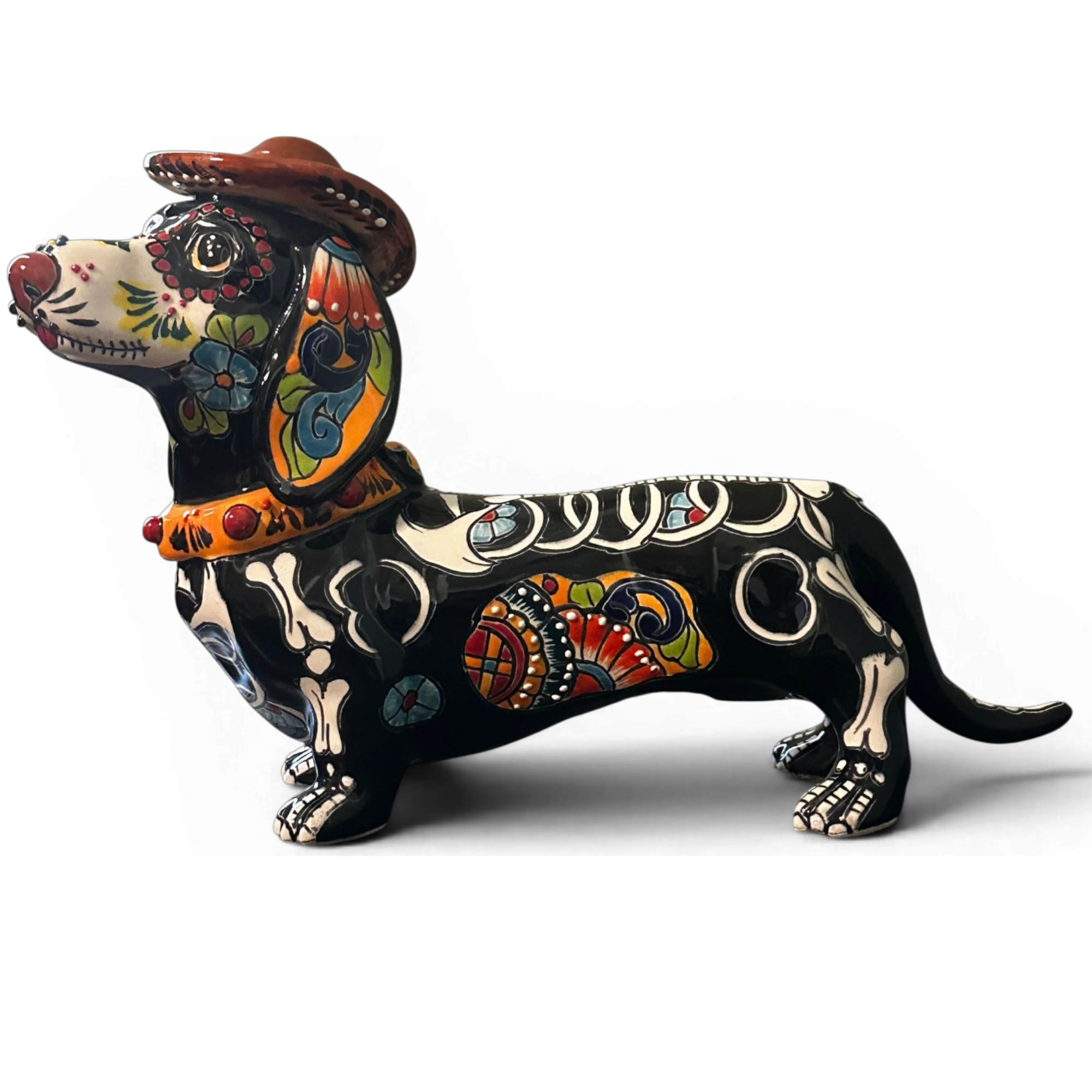 Talavera dachshund figurine hand painted Mexican ceramic dog decor Day of the Dead style