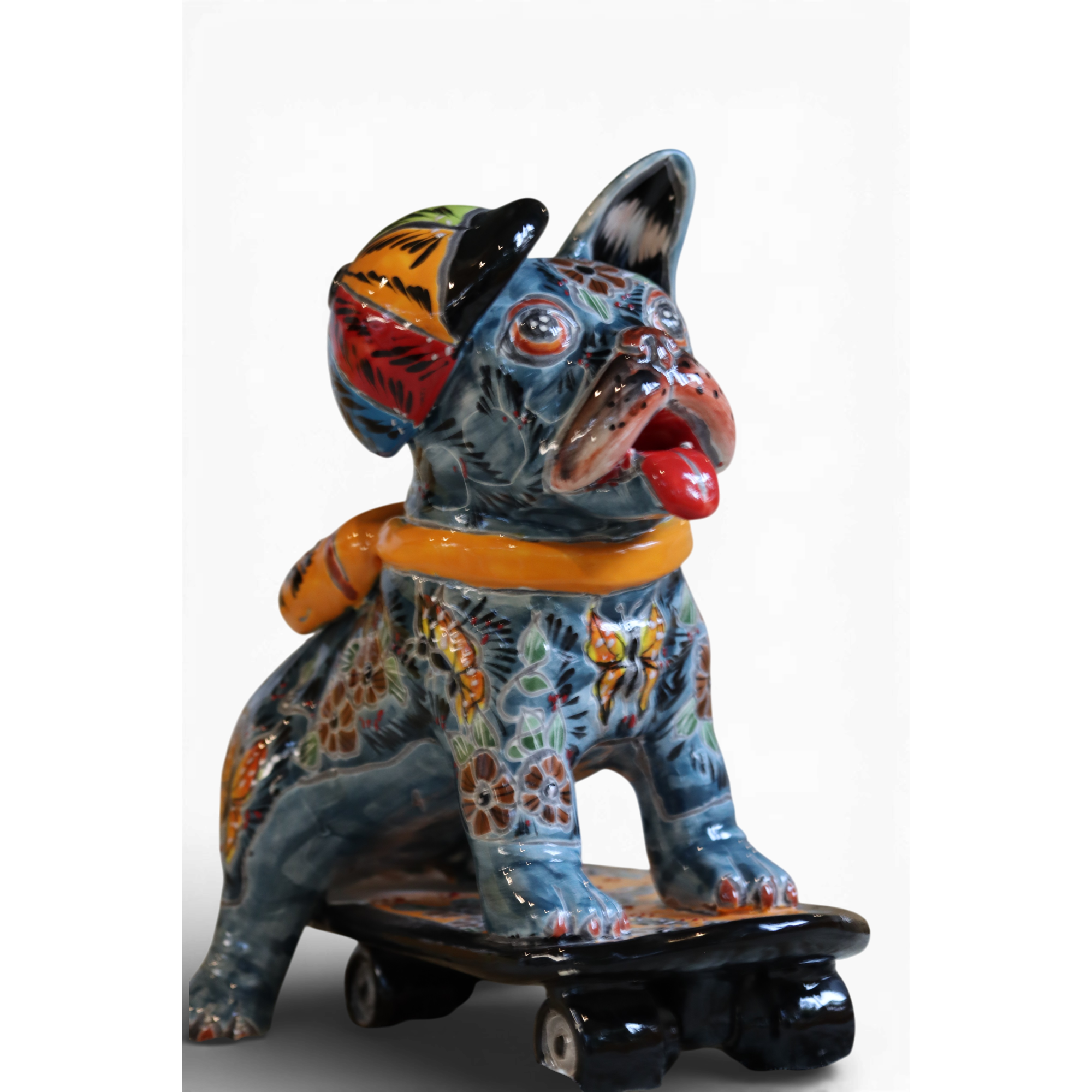 Talavera French bulldog figurine on skateboard hand painted Mexican ceramic decor