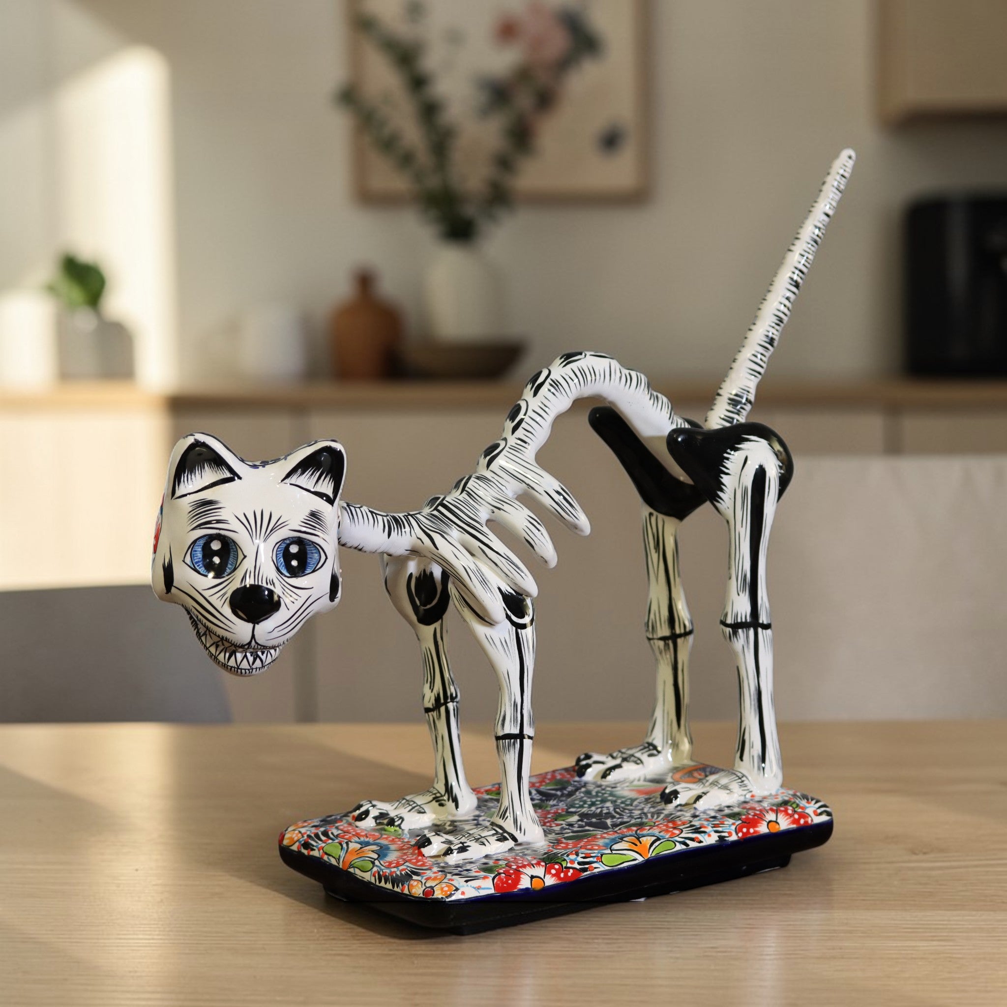 Hand painted Talavera skeletal cat sculpture on colorful base in modern home setting with blurred background
