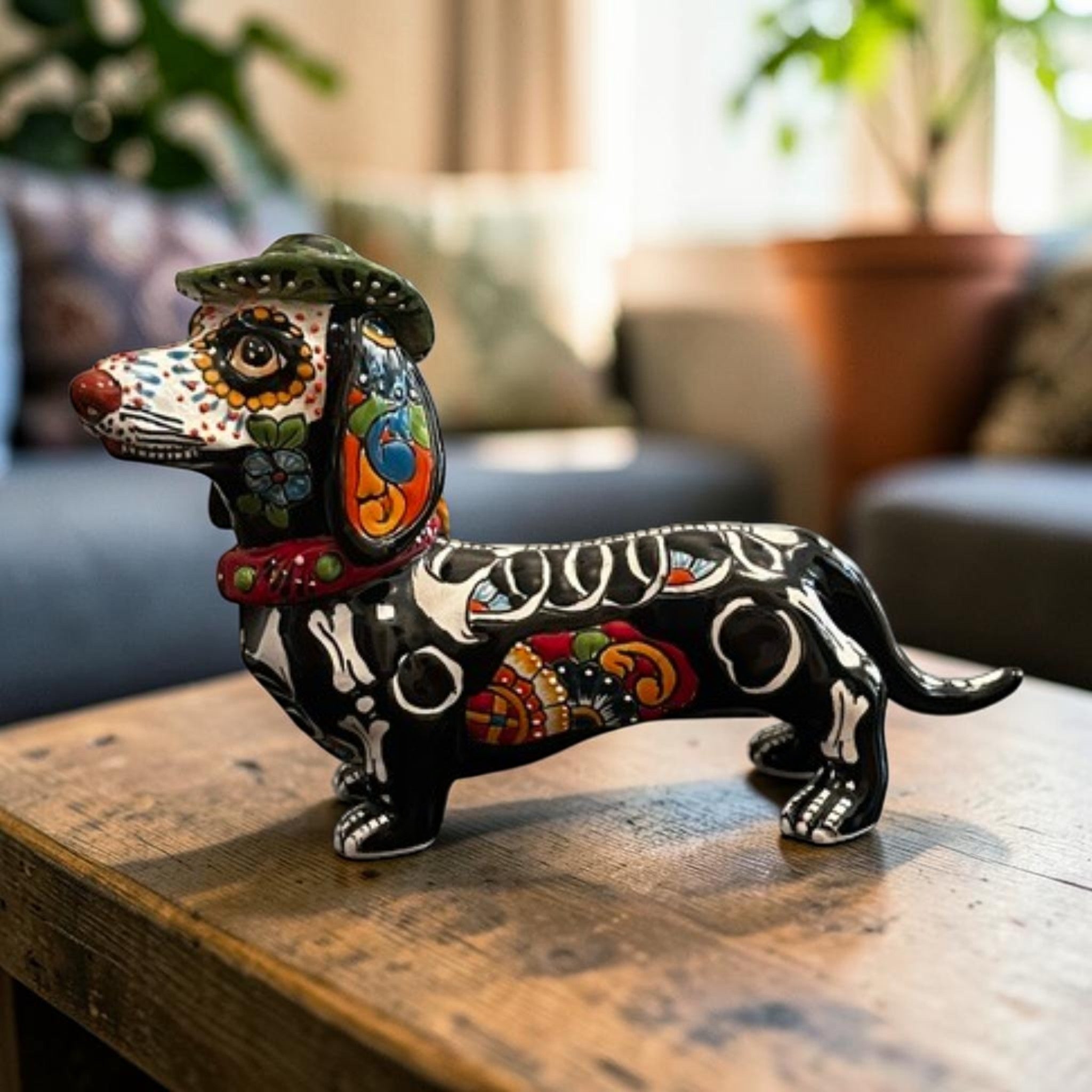 Talavera Dachshund Figurine | Hand-Painted Mexican Ceramic Dog Decor